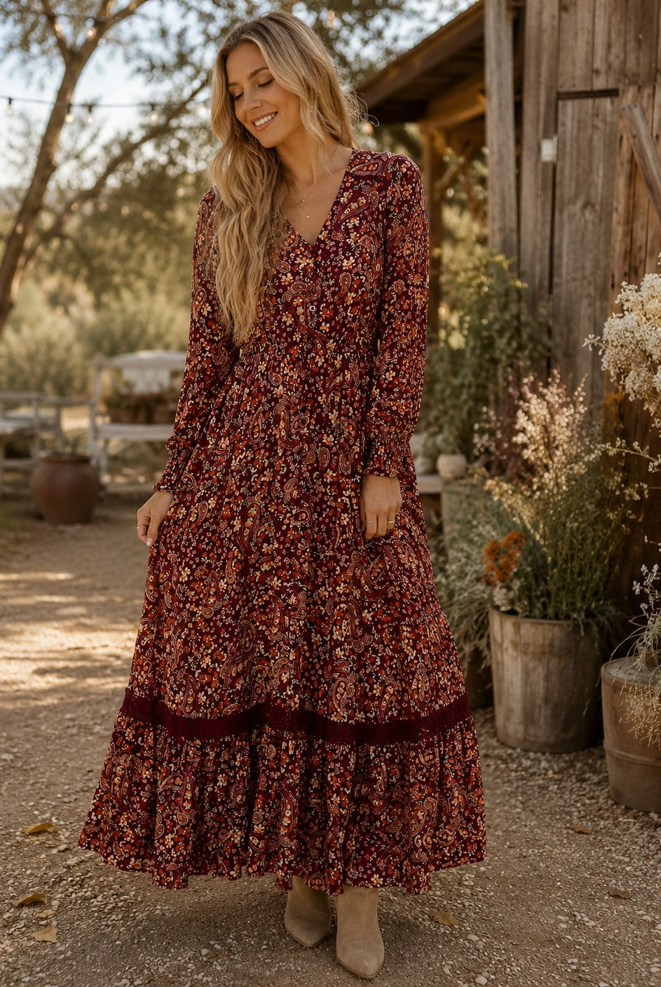 Apricot Painterly Paisley Crochet Insert Maxi Dress in Burgundy-Maxi Dresses-Apricot-Deja Nu Boutique, Women's Fashion Boutique in Lampasas, Texas