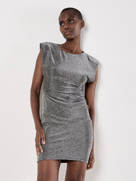 Apricot Silver Sparkle Ruched Mini Holiday Party Dress-Dresses-Apricot-Deja Nu Boutique, Women's Fashion Boutique in Lampasas, Texas