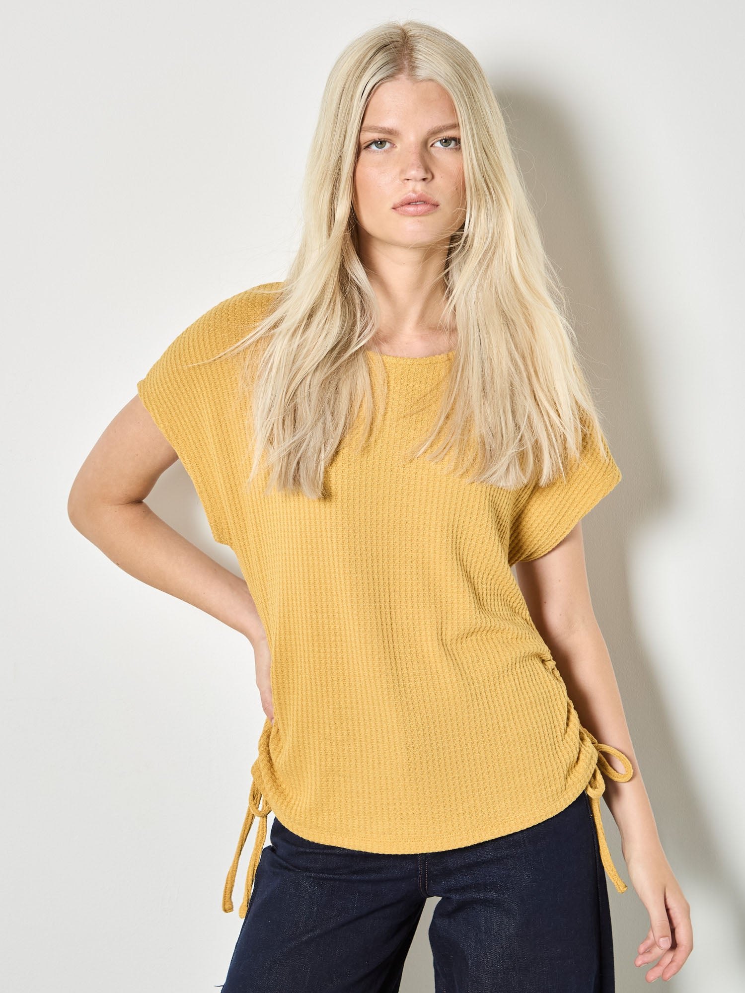 Apricot Summer Waffle Side Ruched Tee In Mustard-T-Shirts-Apricot-Deja Nu Boutique, Women's Fashion Boutique in Lampasas, Texas