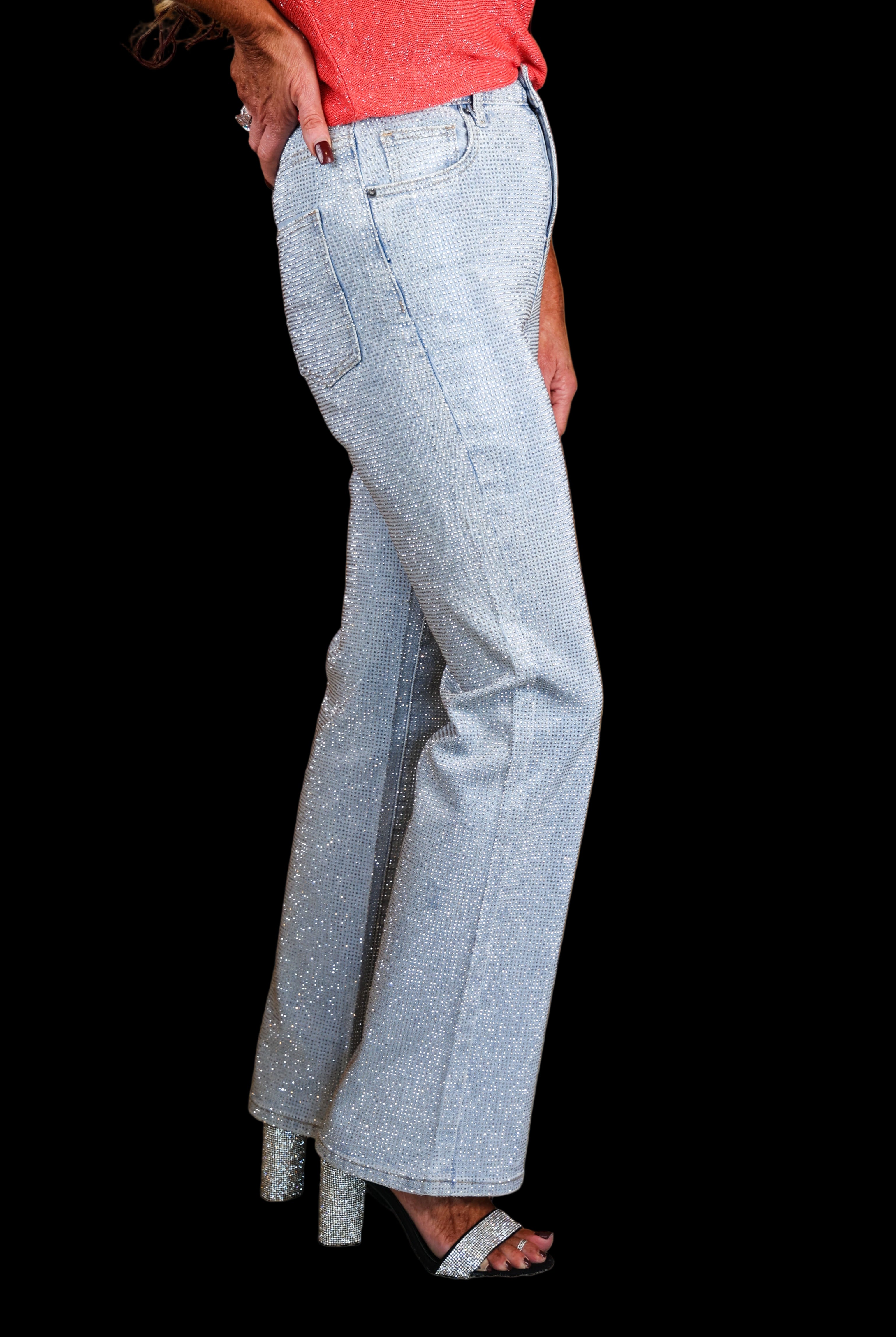 Apricot Swifty Straight Rhinestone Jeans in Silver Sparkle Denim-Jeans-Apricot-Deja Nu Boutique, Women's Fashion Boutique in Lampasas, Texas