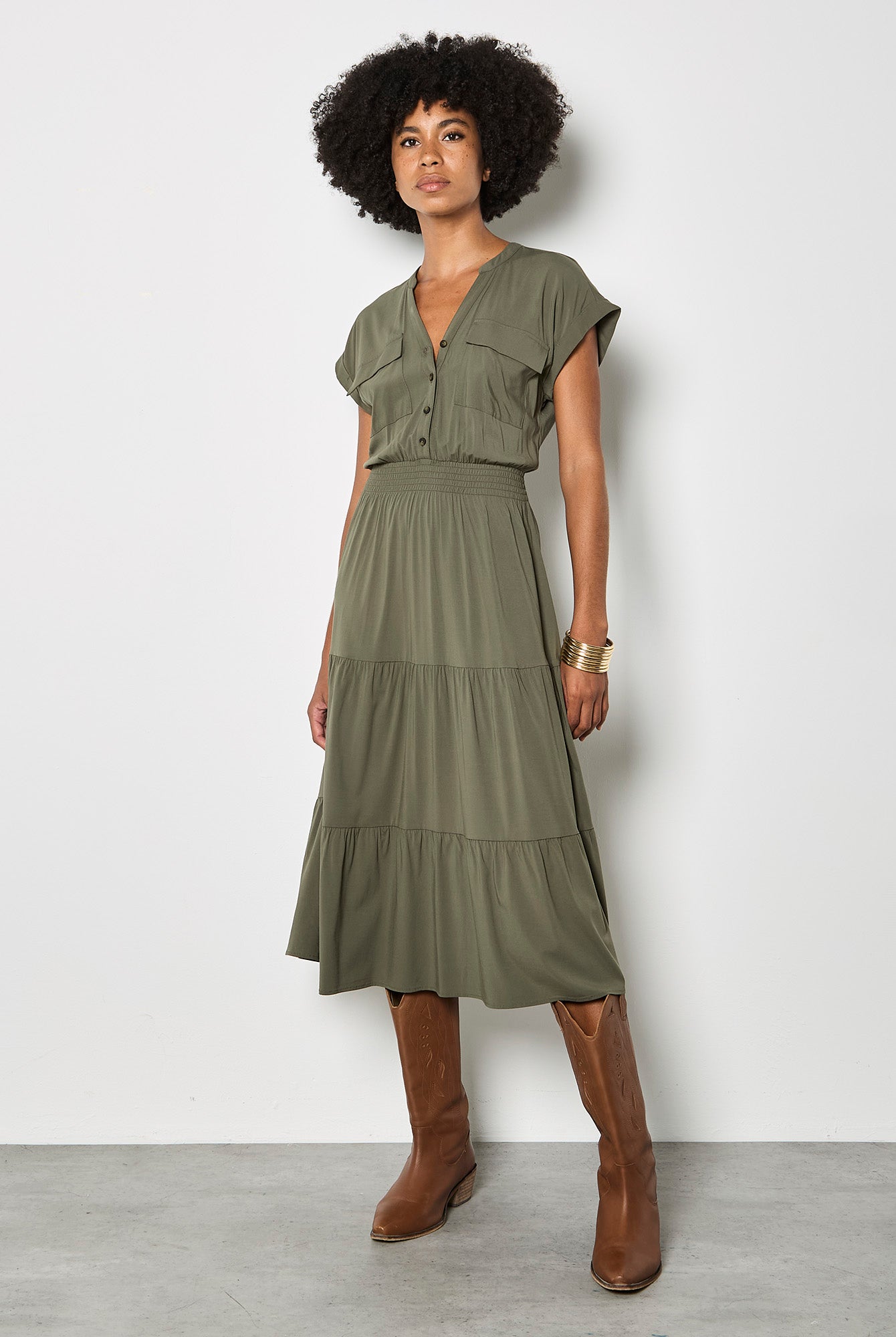 Apricot Tiered Utility Midi Dress in Olive-Midi Dresses-Apricot-Deja Nu Boutique, Women's Fashion Boutique in Lampasas, Texas