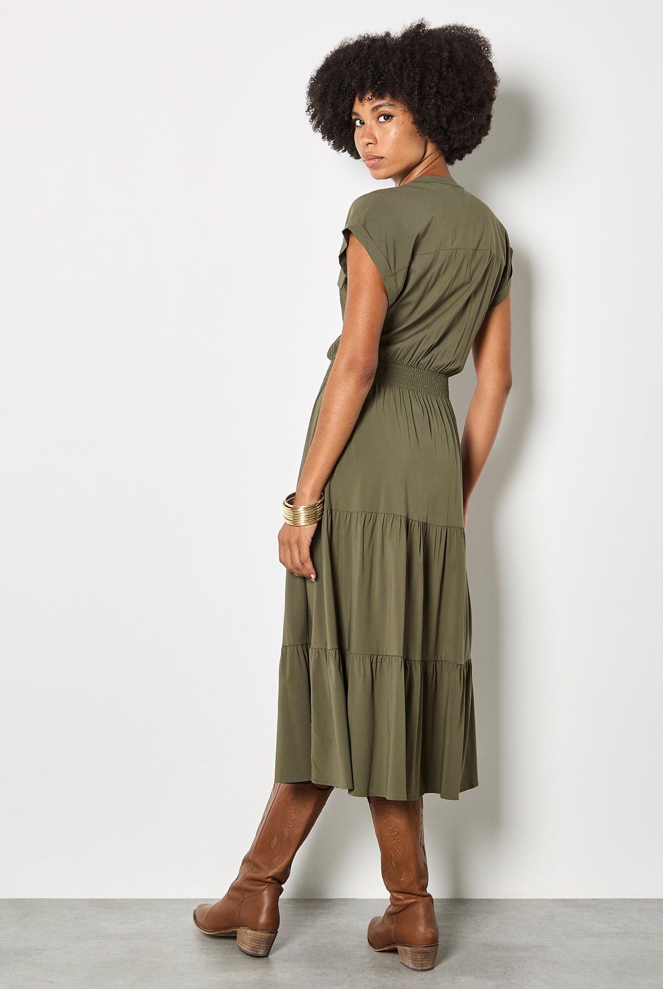 Apricot Tiered Utility Midi Dress in Olive-Midi Dresses-Apricot-Deja Nu Boutique, Women's Fashion Boutique in Lampasas, Texas