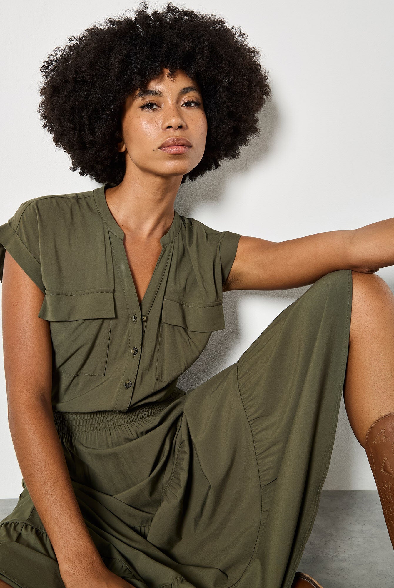 Apricot Tiered Utility Midi Dress in Olive-Midi Dresses-Apricot-Deja Nu Boutique, Women's Fashion Boutique in Lampasas, Texas