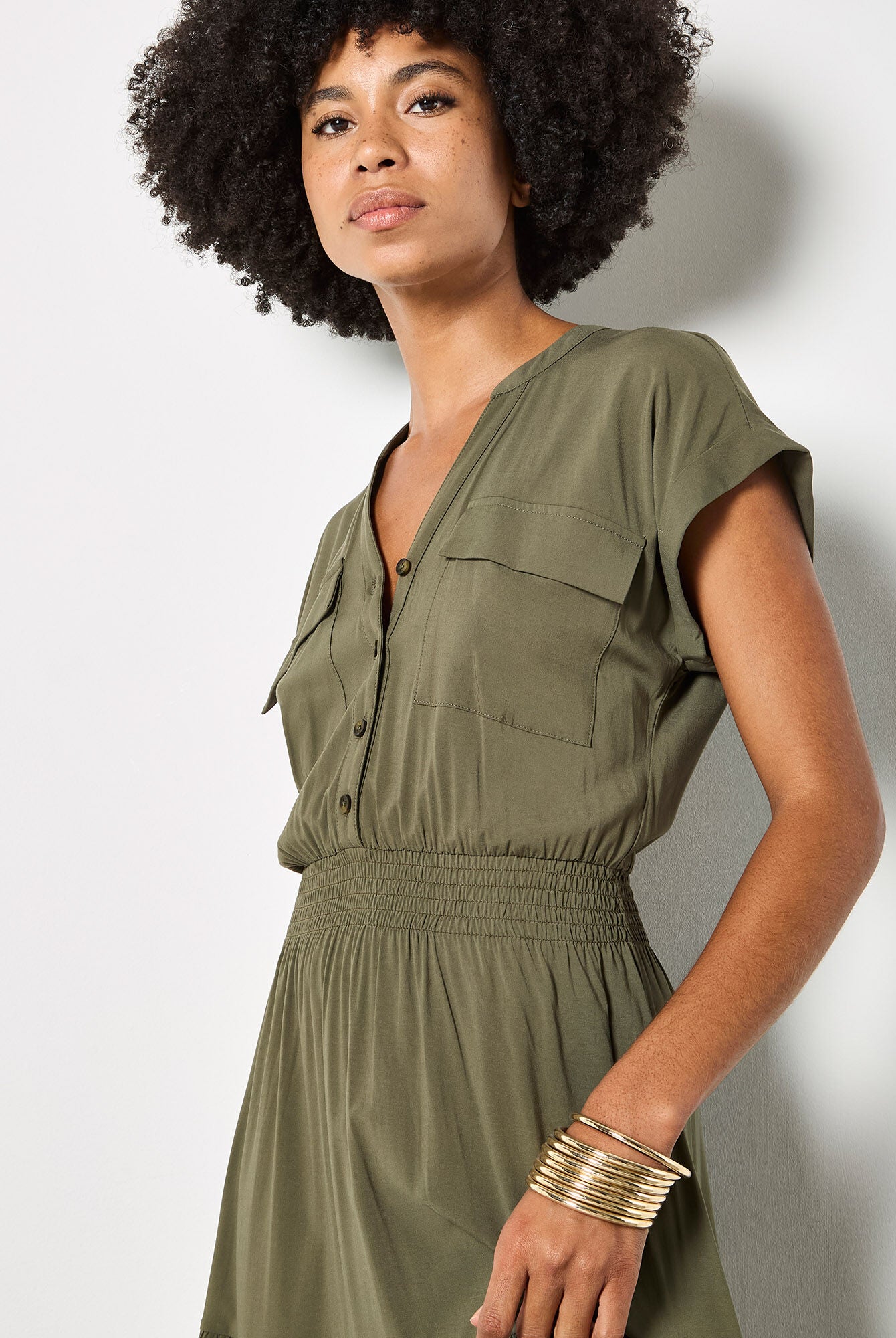 Apricot Tiered Utility Midi Dress in Olive-Midi Dresses-Apricot-Deja Nu Boutique, Women's Fashion Boutique in Lampasas, Texas