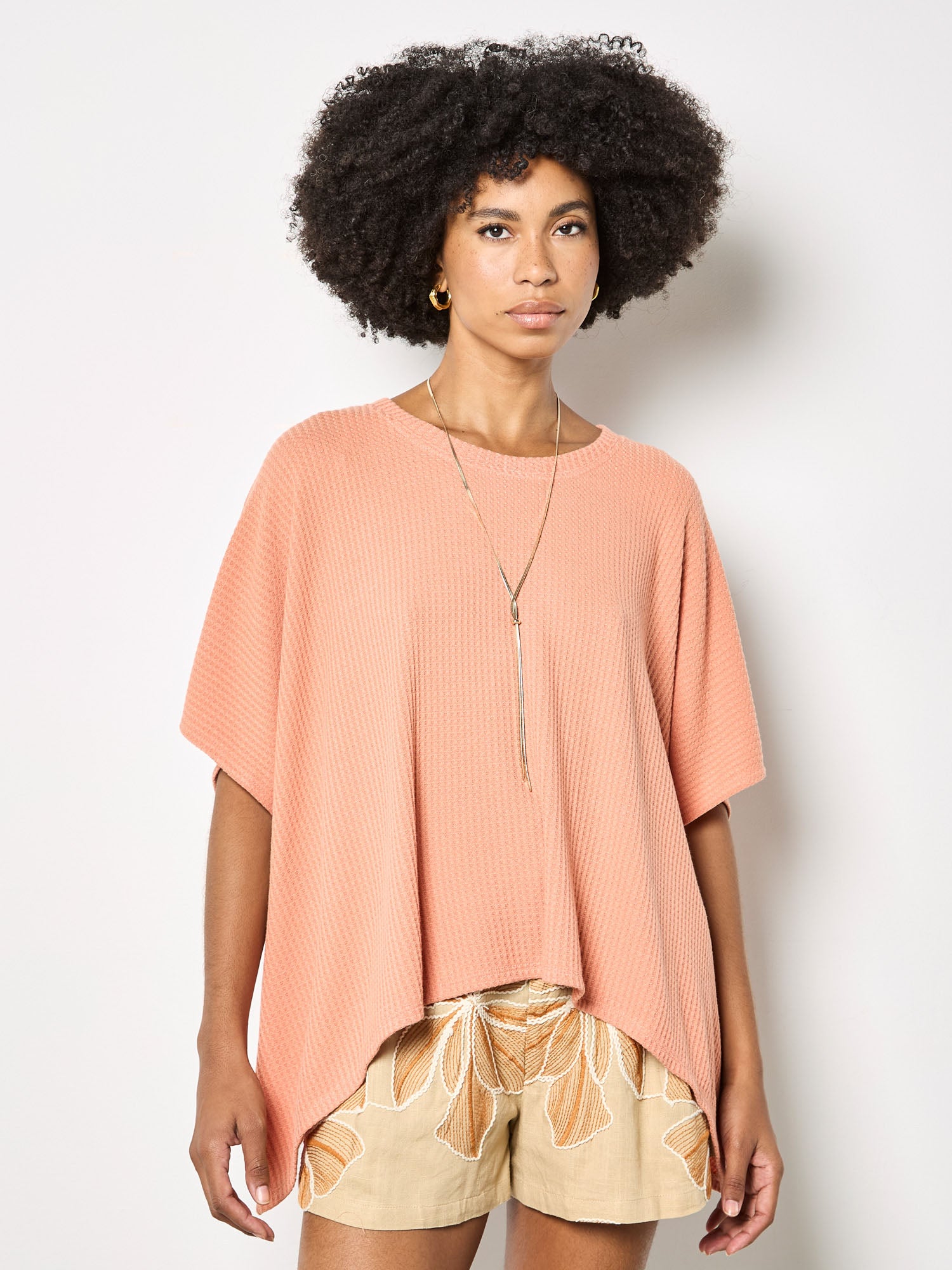 Apricot Waffle Hanky Hem Oversized Tee In Coral-T-Shirts-Apricot-Deja Nu Boutique, Women's Fashion Boutique in Lampasas, Texas