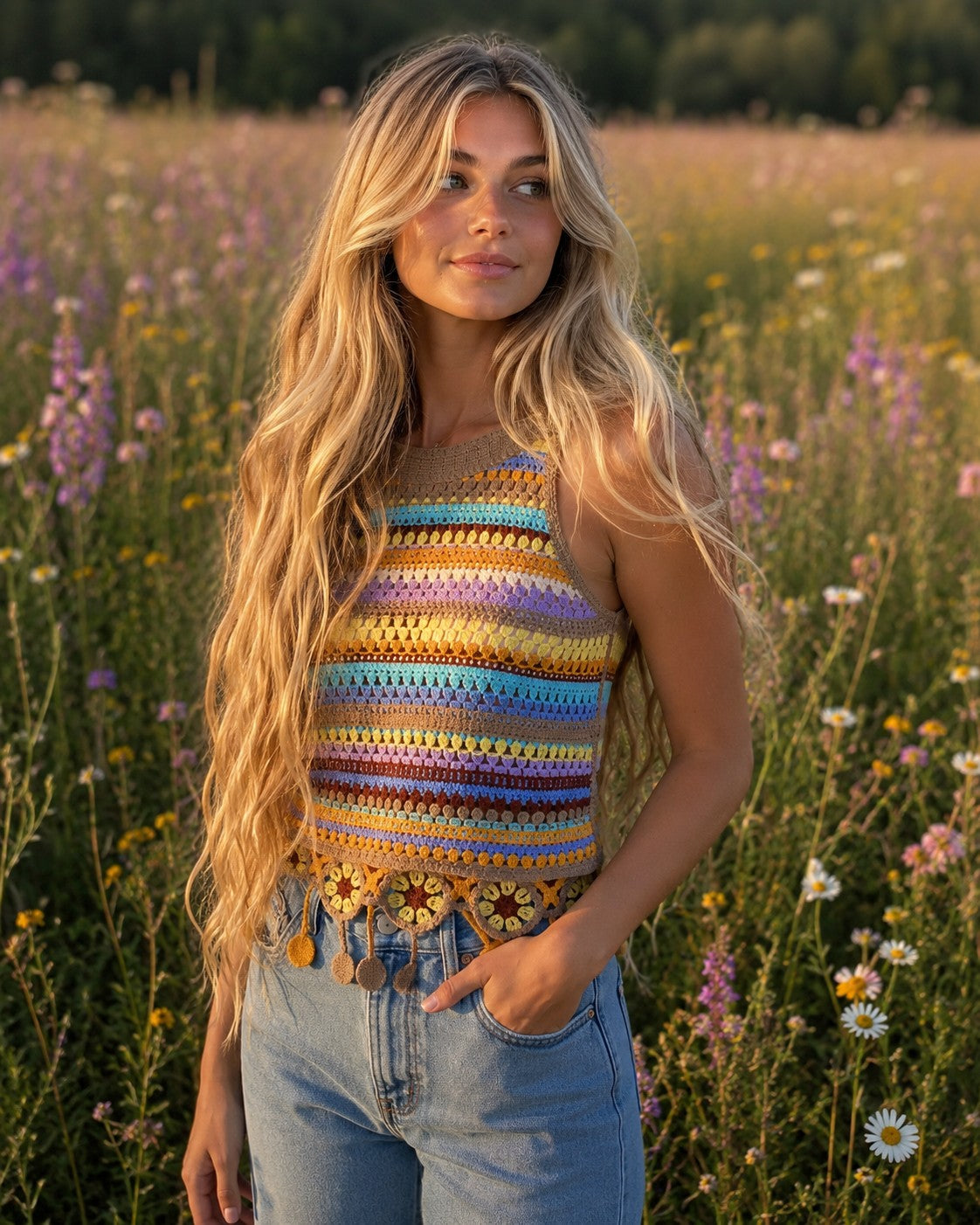 Apricot Multi Stripe Tassel Crochet Top in Brown Multi-tank-Apricot-Deja Nu Boutique, Women's Fashion Boutique in Lampasas, Texas