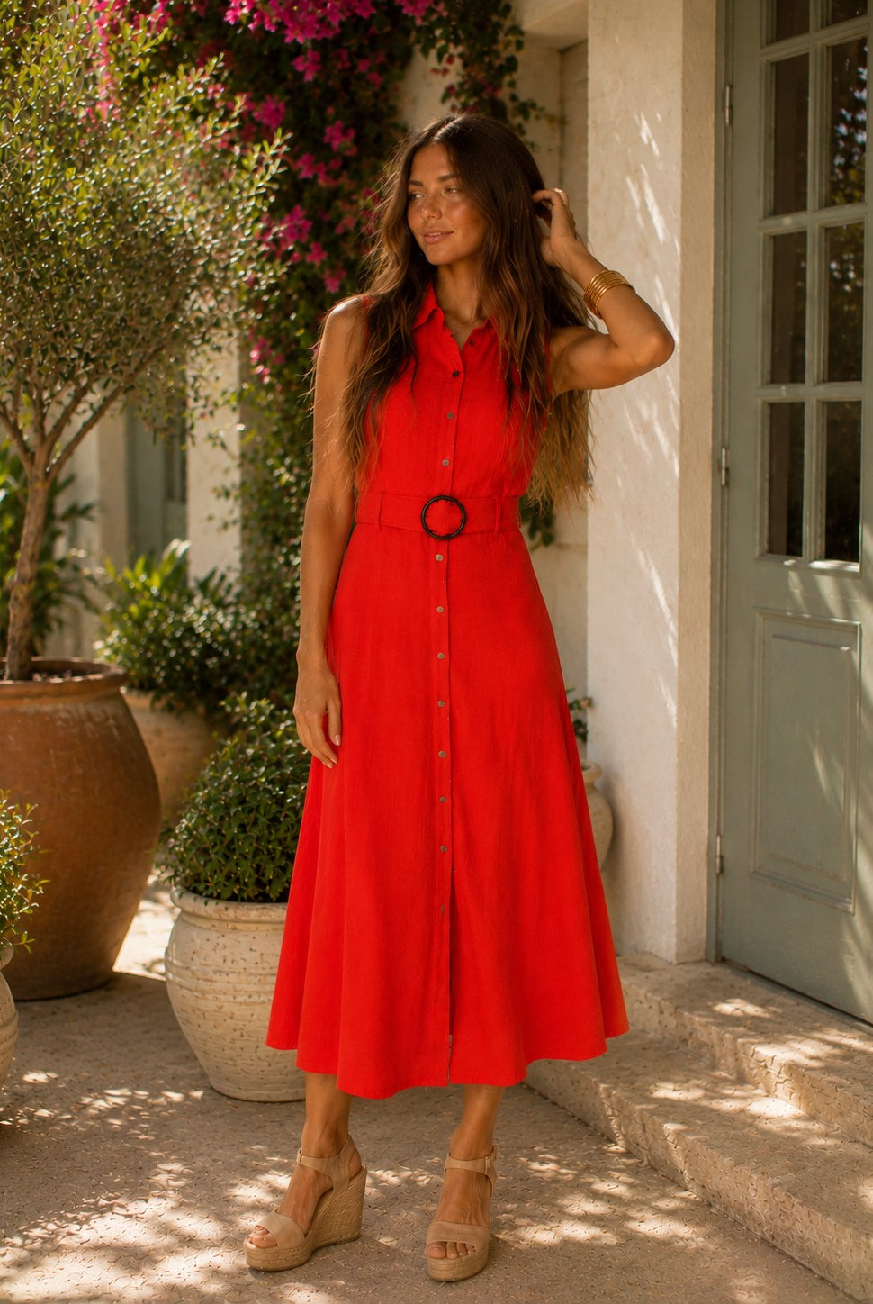 Apricot Sleeveless Belted Shirt Midi Dress in Red-Midi Dresses-Apricot-Deja Nu Boutique, Women's Fashion Boutique in Lampasas, Texas