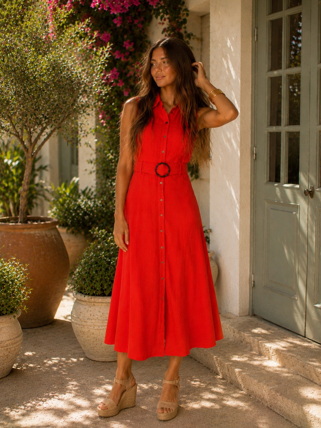 Apricot Sleeveless Belted Shirt Midi Dress in Red-Midi Dresses-Apricot-Deja Nu Boutique, Women's Fashion Boutique in Lampasas, Texas