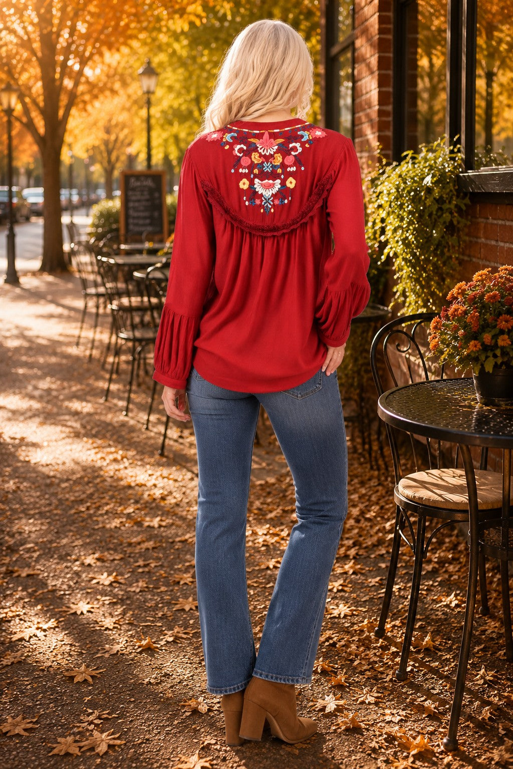 Avani del amour Red V Neck Embroidery Pullover-Sweaters-Avani del amour-Deja Nu Boutique, Women's Fashion Boutique in Lampasas, Texas
