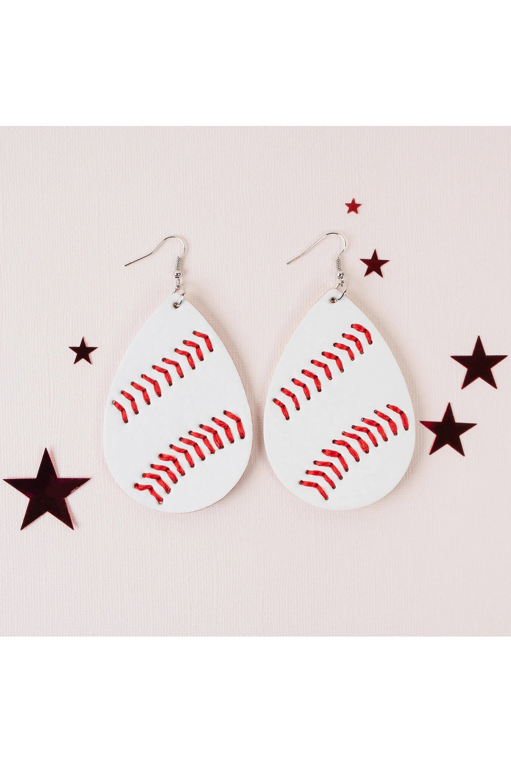 Batter Up Cute Leather Baseball Faux Leather Earrings With Red Whipstitch-Earrings-Deja Nu-Deja Nu Boutique, Women's Fashion Boutique in Lampasas, Texas
