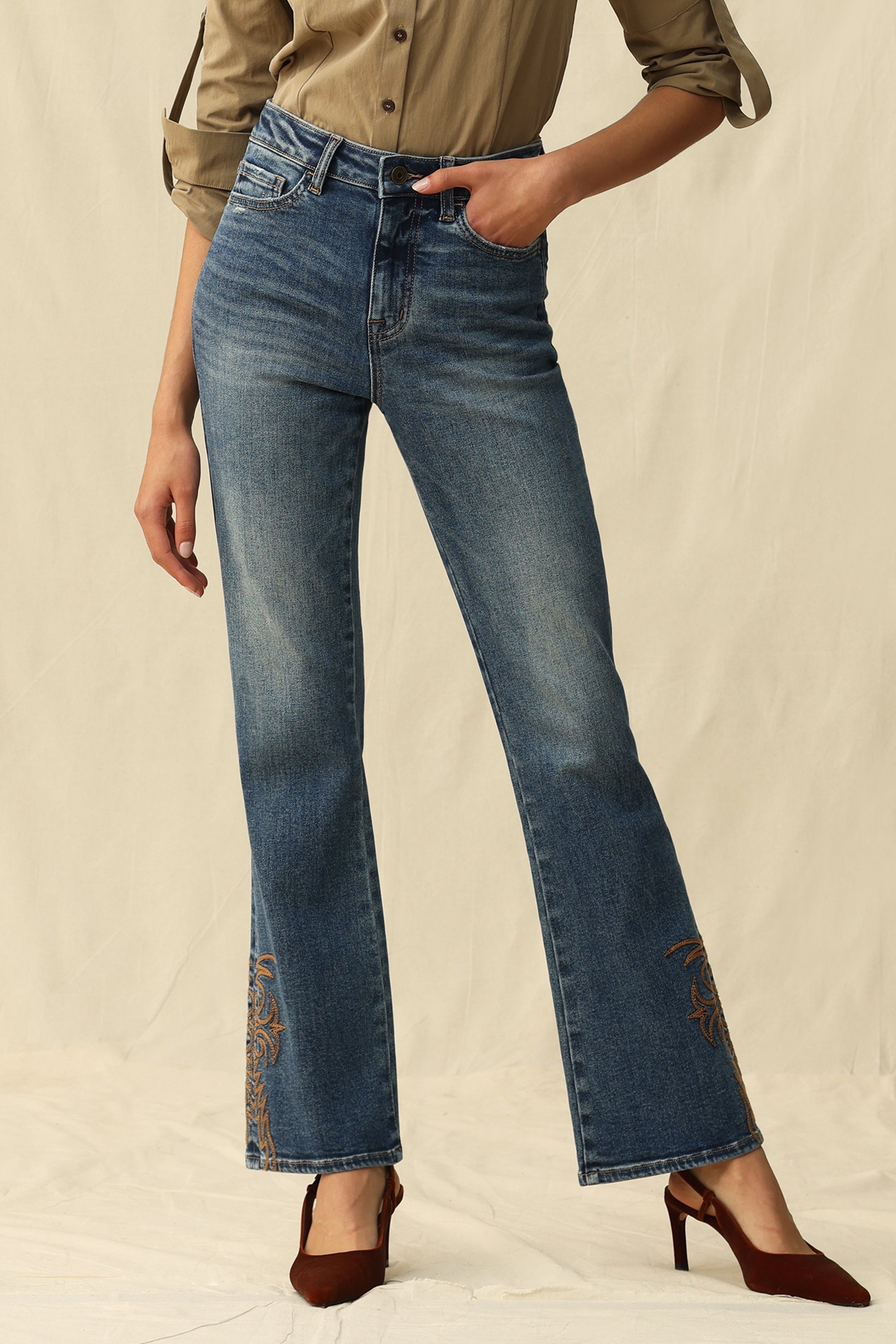 Bayeas High Rise Bootcut Jeans with Star Pocket & Scroll Hem Embroidery-Jeans-Bayeas-Deja Nu Boutique, Women's Fashion Boutique in Lampasas, Texas