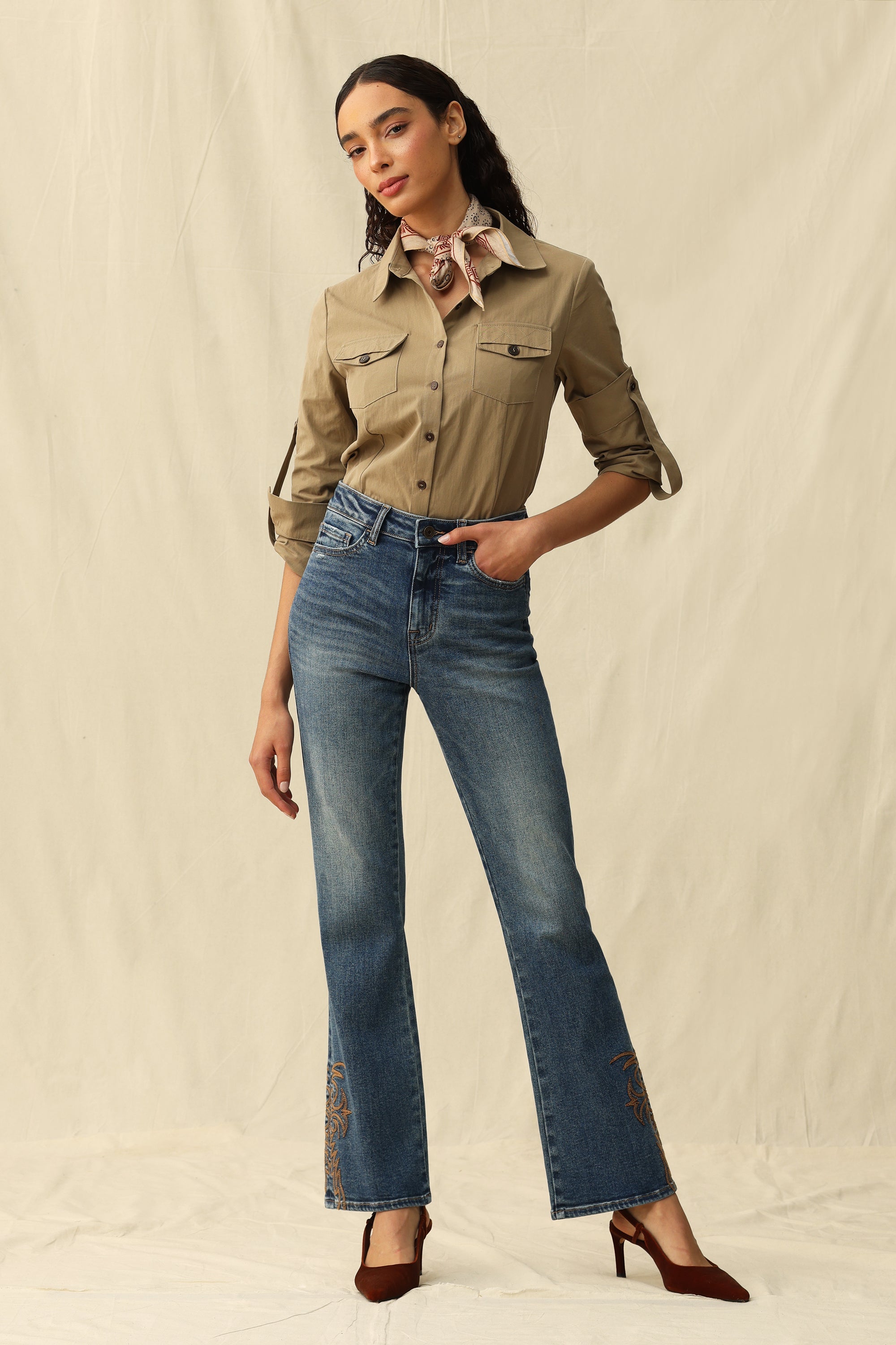 Bayeas High Rise Bootcut Jeans with Star Pocket & Scroll Hem Embroidery-Jeans-Bayeas-Deja Nu Boutique, Women's Fashion Boutique in Lampasas, Texas
