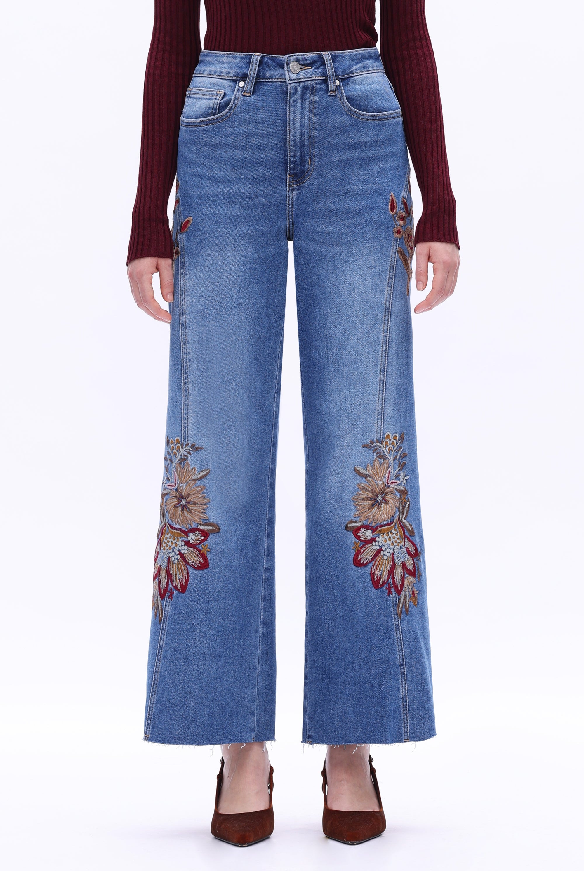 Bayeas High Rise Floral Embroidered Wide Leg Jeans in Medium Blue-Jeans-Bayeas-Deja Nu Boutique, Women's Fashion Boutique in Lampasas, Texas