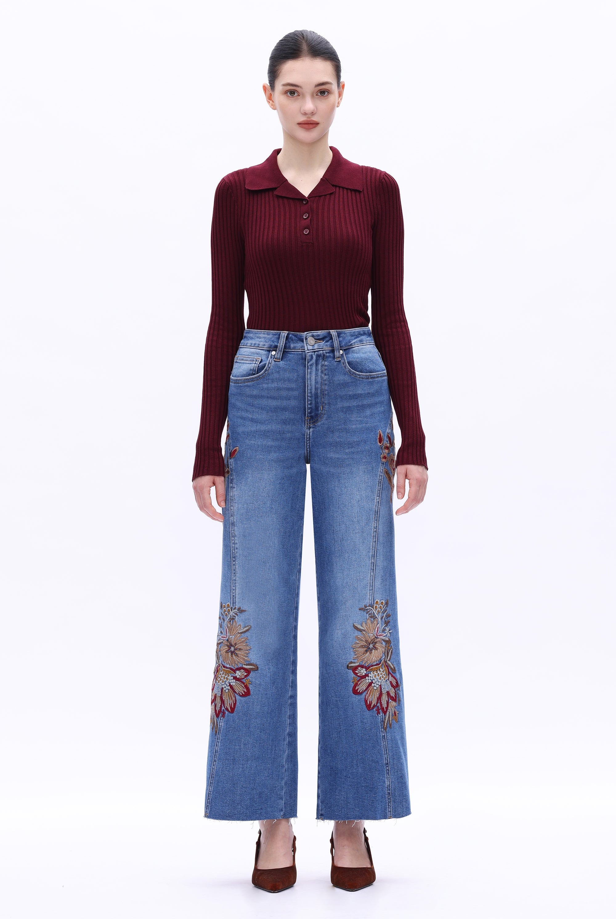 Bayeas High Rise Floral Embroidered Wide Leg Jeans in Medium Blue-Jeans-Bayeas-Deja Nu Boutique, Women's Fashion Boutique in Lampasas, Texas