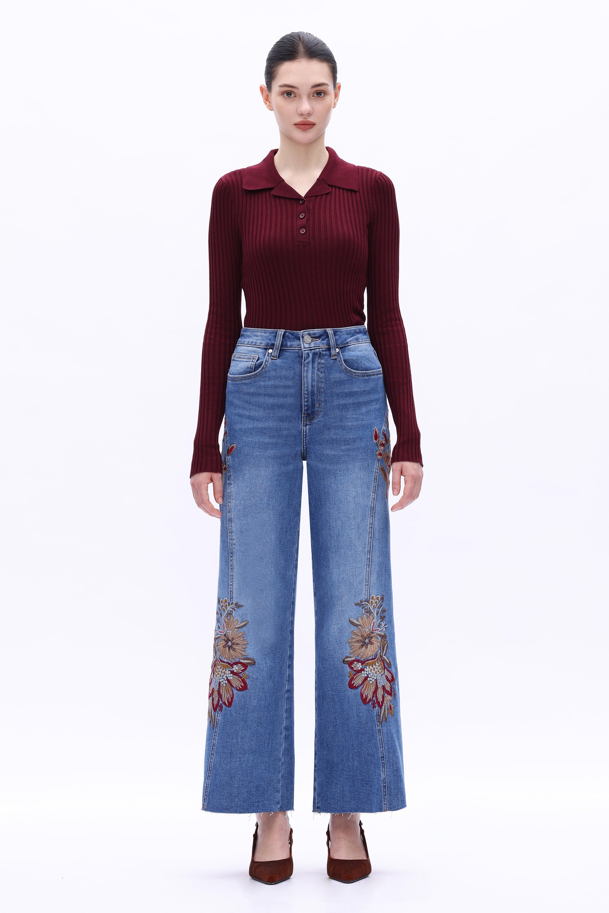 Bayeas High Rise Floral Embroidered Wide Leg Jeans in Medium Blue-Jeans-Bayeas-Deja Nu Boutique, Women's Fashion Boutique in Lampasas, Texas
