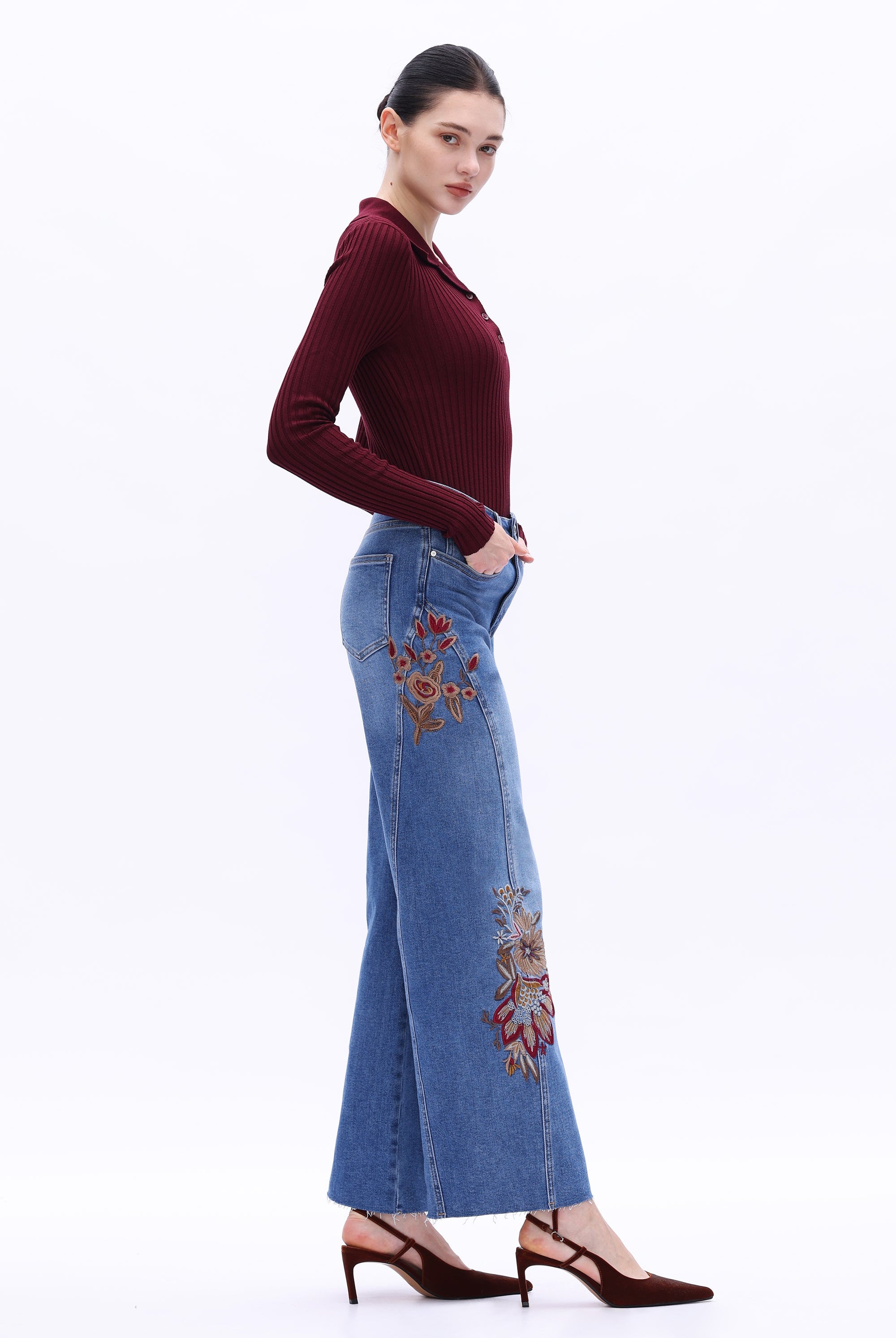 Bayeas High Rise Floral Embroidered Wide Leg Jeans in Medium Blue-Jeans-Bayeas-Deja Nu Boutique, Women's Fashion Boutique in Lampasas, Texas