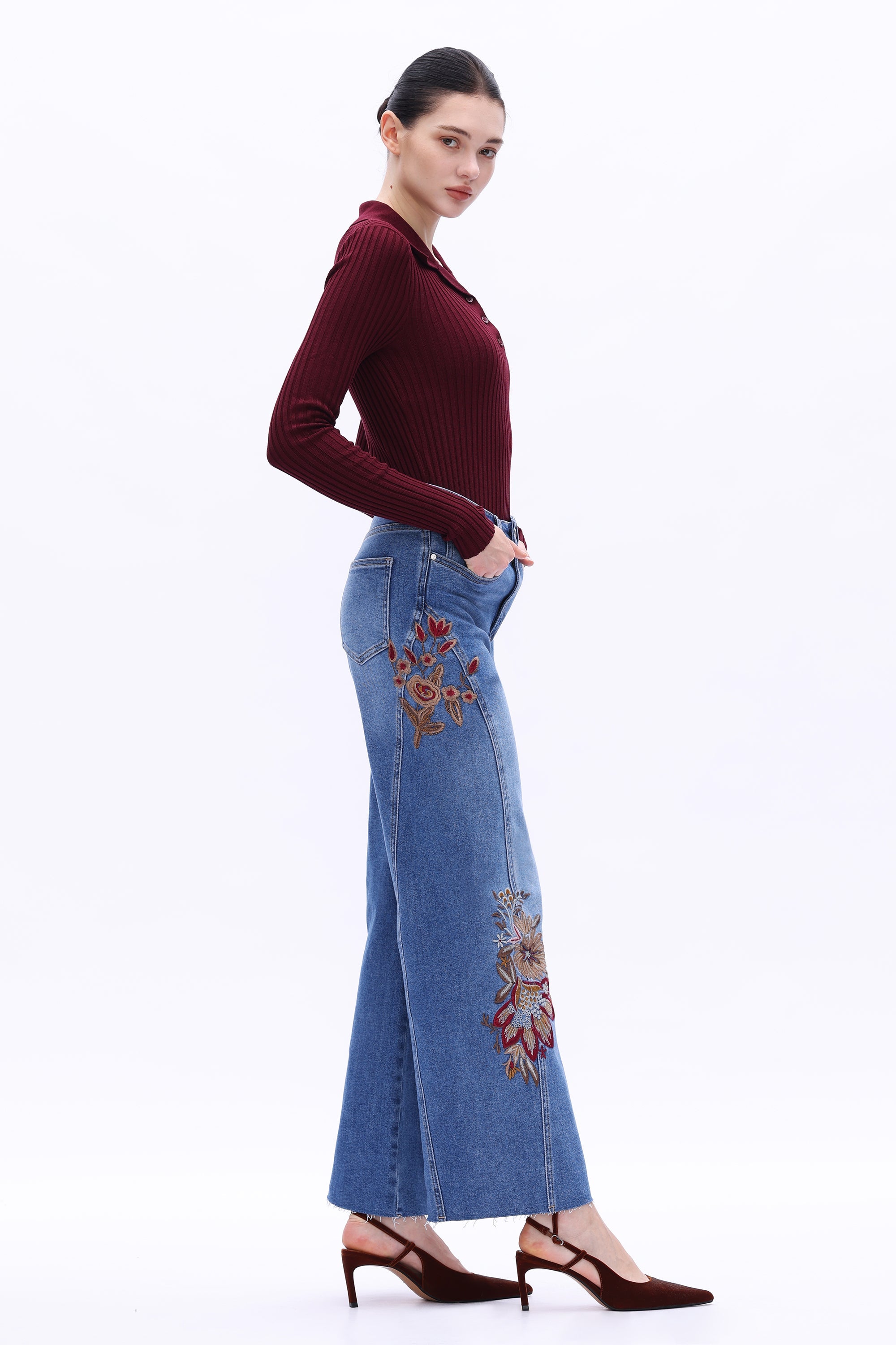 Bayeas High Rise Floral Embroidered Wide Leg Jeans in Medium Blue-Jeans-Bayeas-Deja Nu Boutique, Women's Fashion Boutique in Lampasas, Texas
