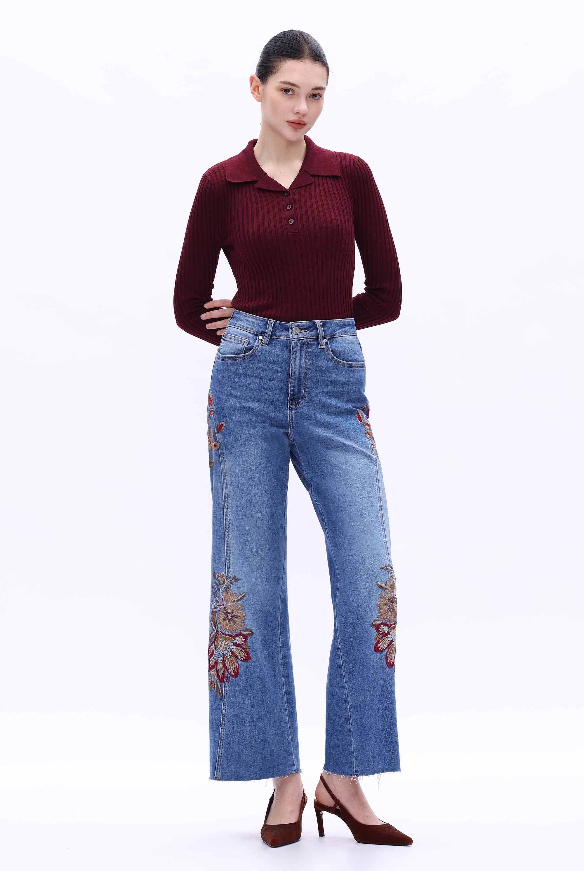 Bayeas High Rise Floral Embroidered Wide Leg Jeans in Medium Blue-Jeans-Bayeas-Deja Nu Boutique, Women's Fashion Boutique in Lampasas, Texas