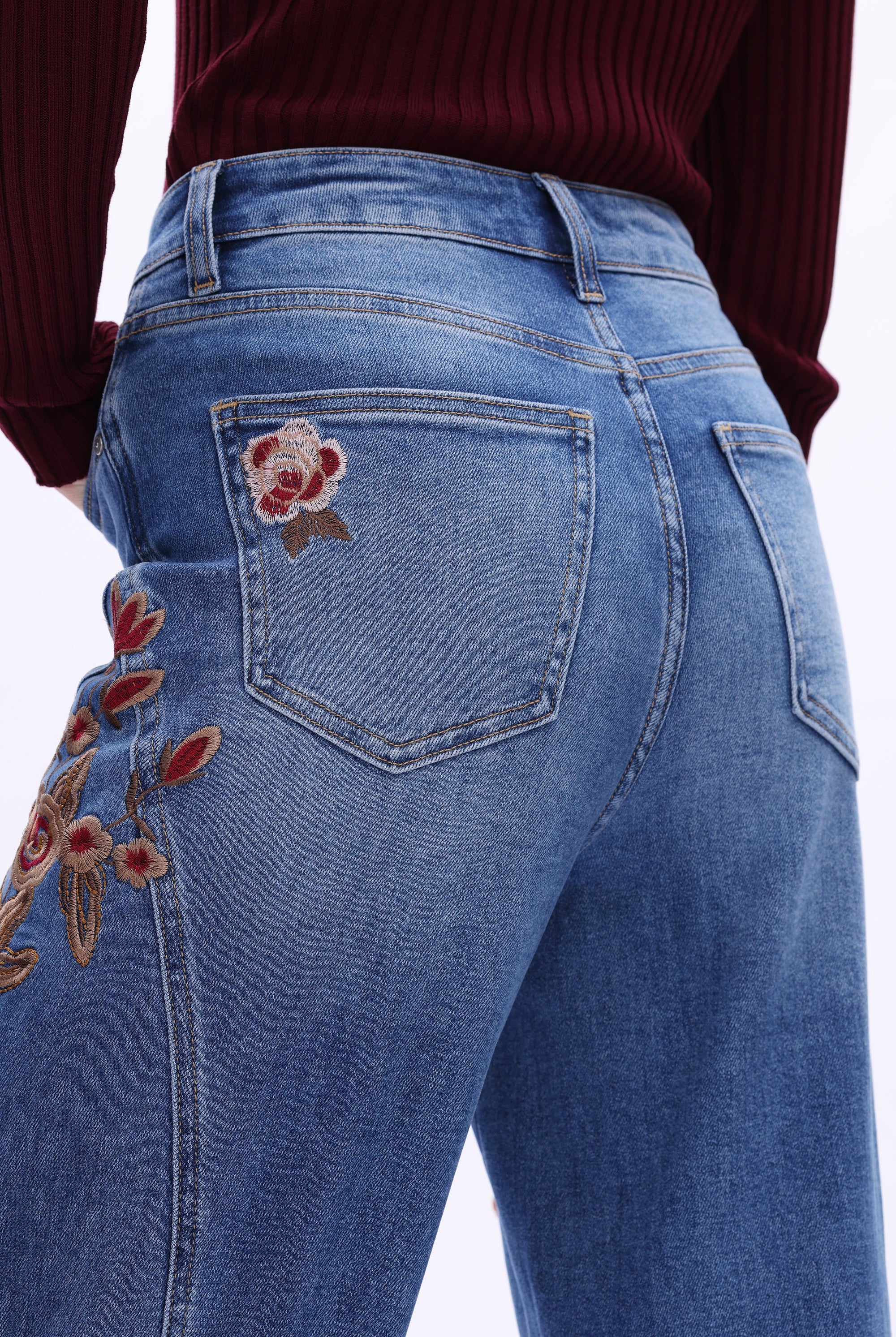 Bayeas High Rise Floral Embroidered Wide Leg Jeans in Medium Blue-Jeans-Bayeas-Deja Nu Boutique, Women's Fashion Boutique in Lampasas, Texas