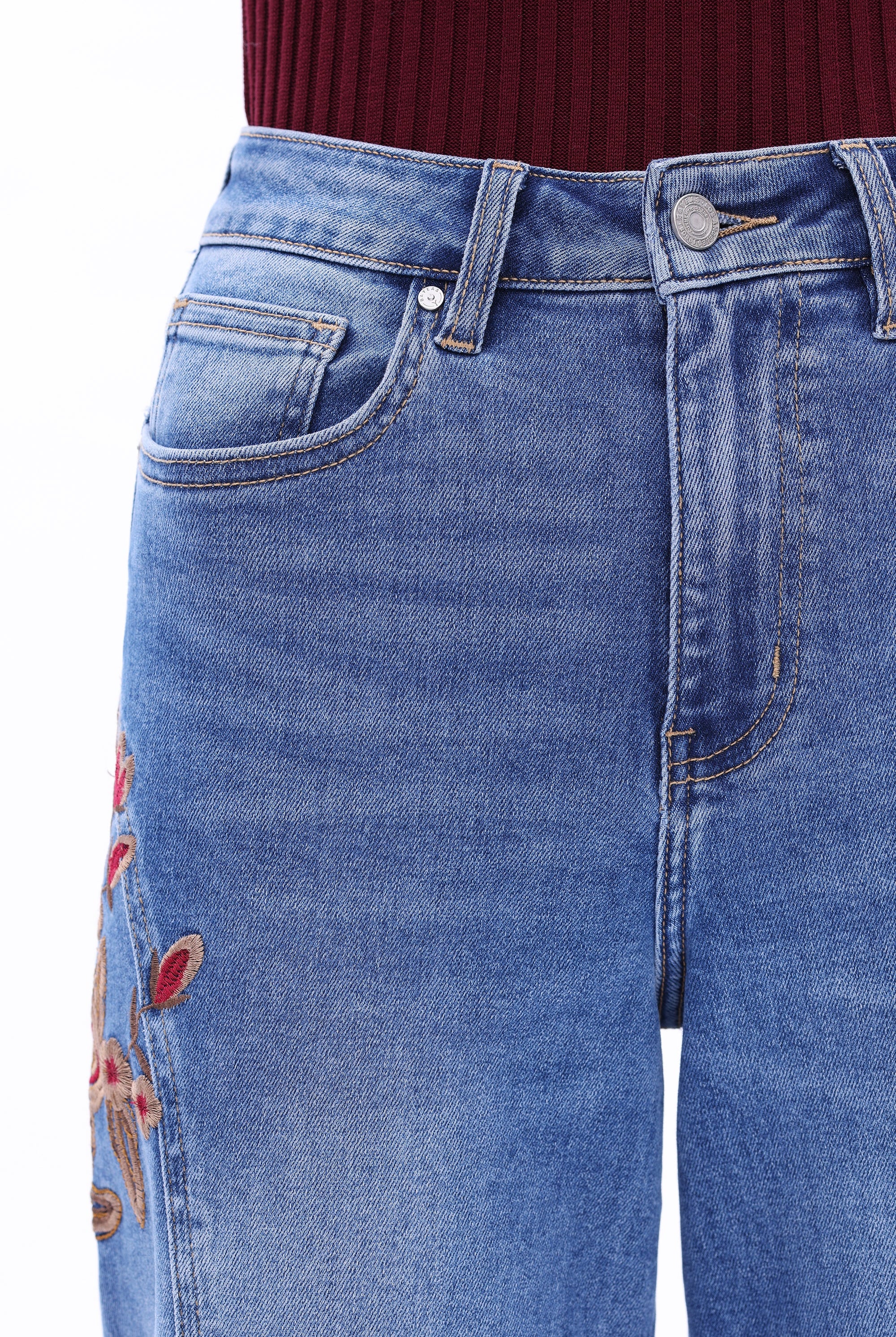 Bayeas High Rise Floral Embroidered Wide Leg Jeans in Medium Blue-Jeans-Bayeas-Deja Nu Boutique, Women's Fashion Boutique in Lampasas, Texas