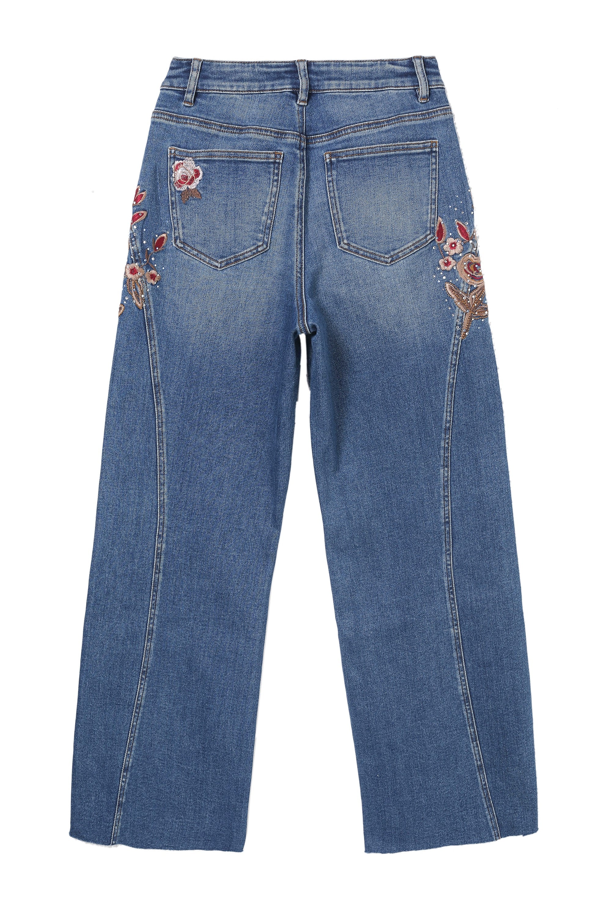 Bayeas High Rise Floral Embroidered Wide Leg Jeans in Medium Blue-Jeans-Bayeas-Deja Nu Boutique, Women's Fashion Boutique in Lampasas, Texas