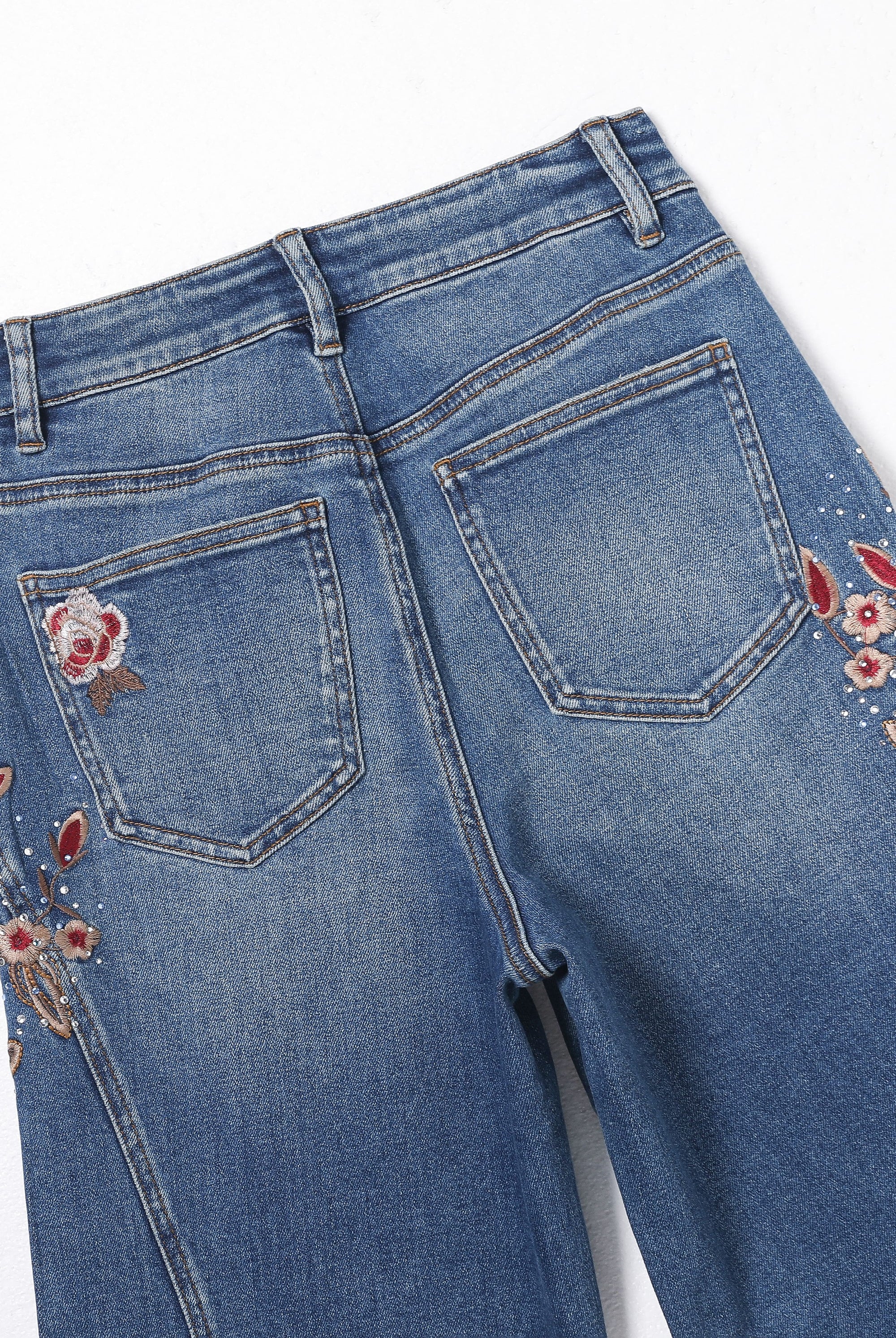 Bayeas High Rise Floral Embroidered Wide Leg Jeans in Medium Blue-Jeans-Bayeas-Deja Nu Boutique, Women's Fashion Boutique in Lampasas, Texas