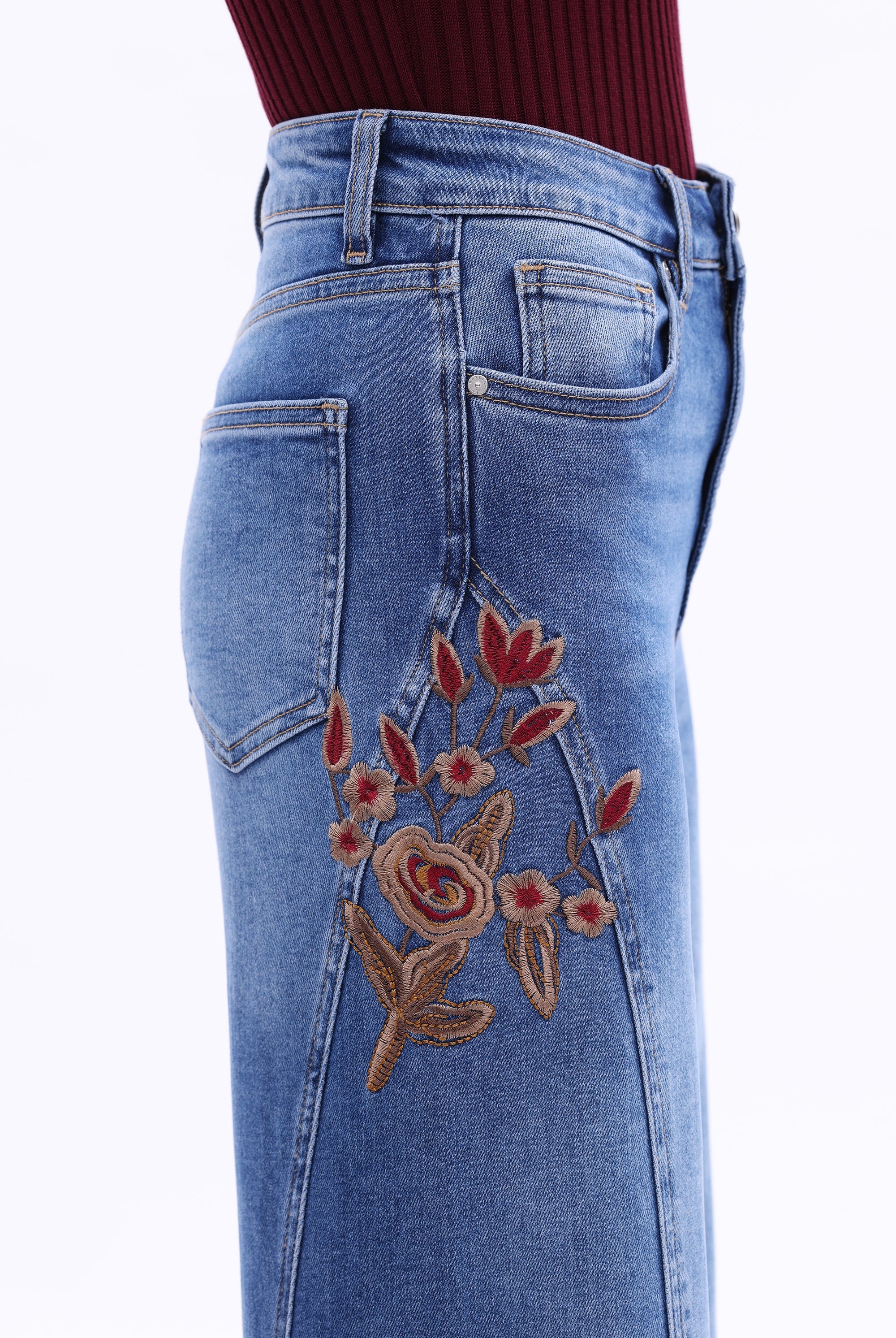 Bayeas High Rise Floral Embroidered Wide Leg Jeans in Medium Blue-Jeans-Bayeas-Deja Nu Boutique, Women's Fashion Boutique in Lampasas, Texas