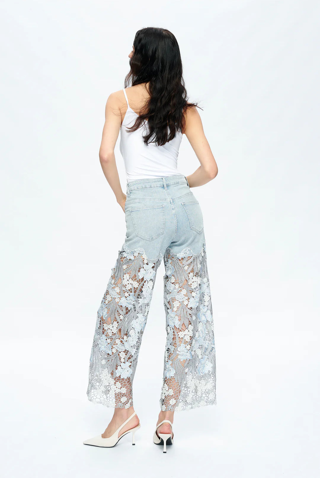 Bayeas Lesley Blue High Rise Lace Wide Leg Jeans with Rhinestones-Jeans-Bayeas-Deja Nu Boutique, Women's Fashion Boutique in Lampasas, Texas