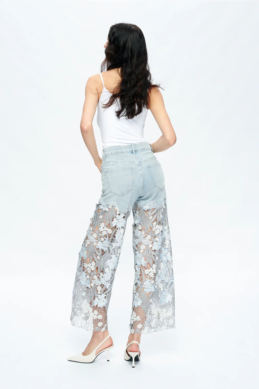 Bayeas Lesley Blue High Rise Lace Wide Leg Jeans with Rhinestones-Jeans-Bayeas-Deja Nu Boutique, Women's Fashion Boutique in Lampasas, Texas