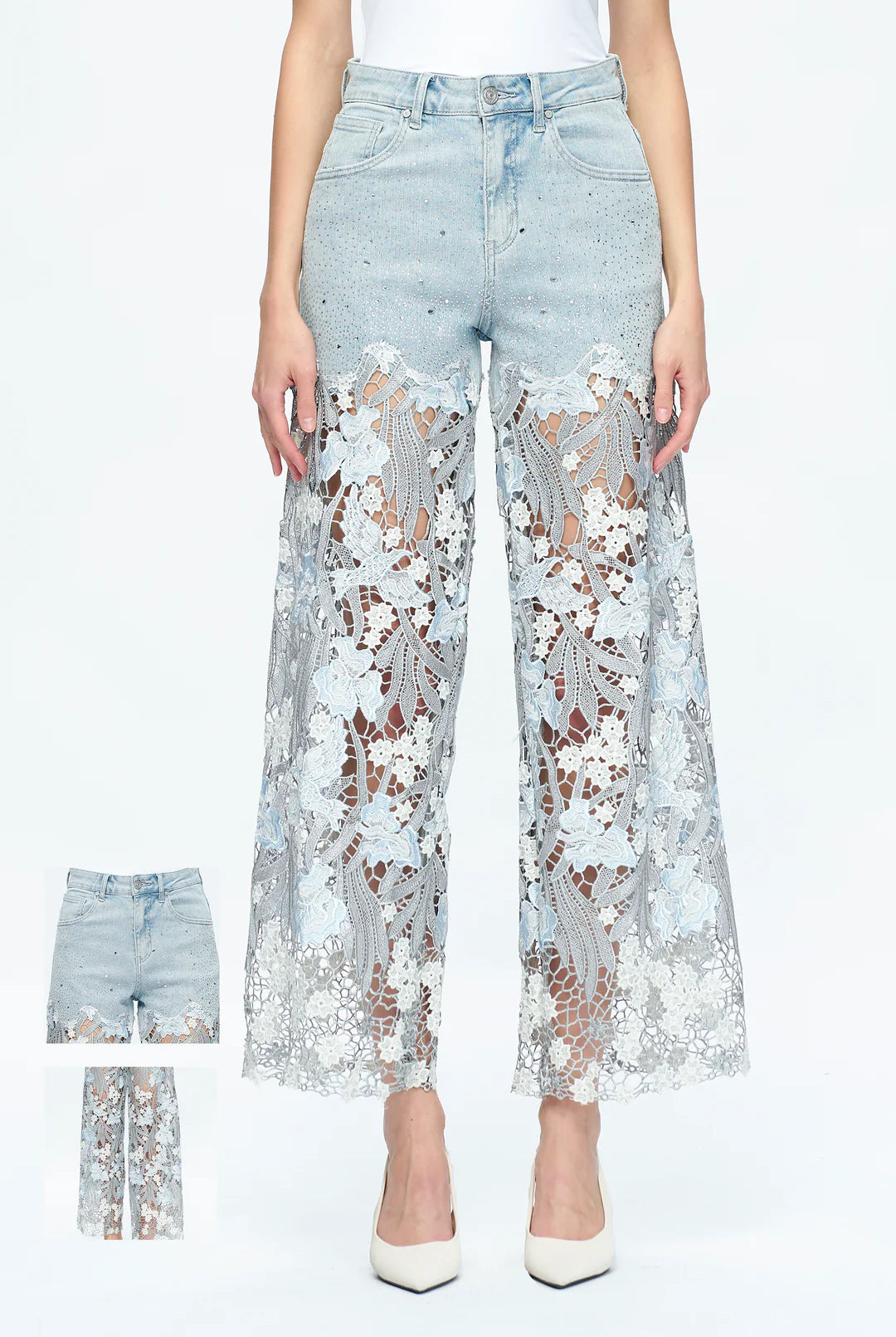 Bayeas Lesley Blue High Rise Lace Wide Leg Jeans with Rhinestones-Jeans-Bayeas-Deja Nu Boutique, Women's Fashion Boutique in Lampasas, Texas