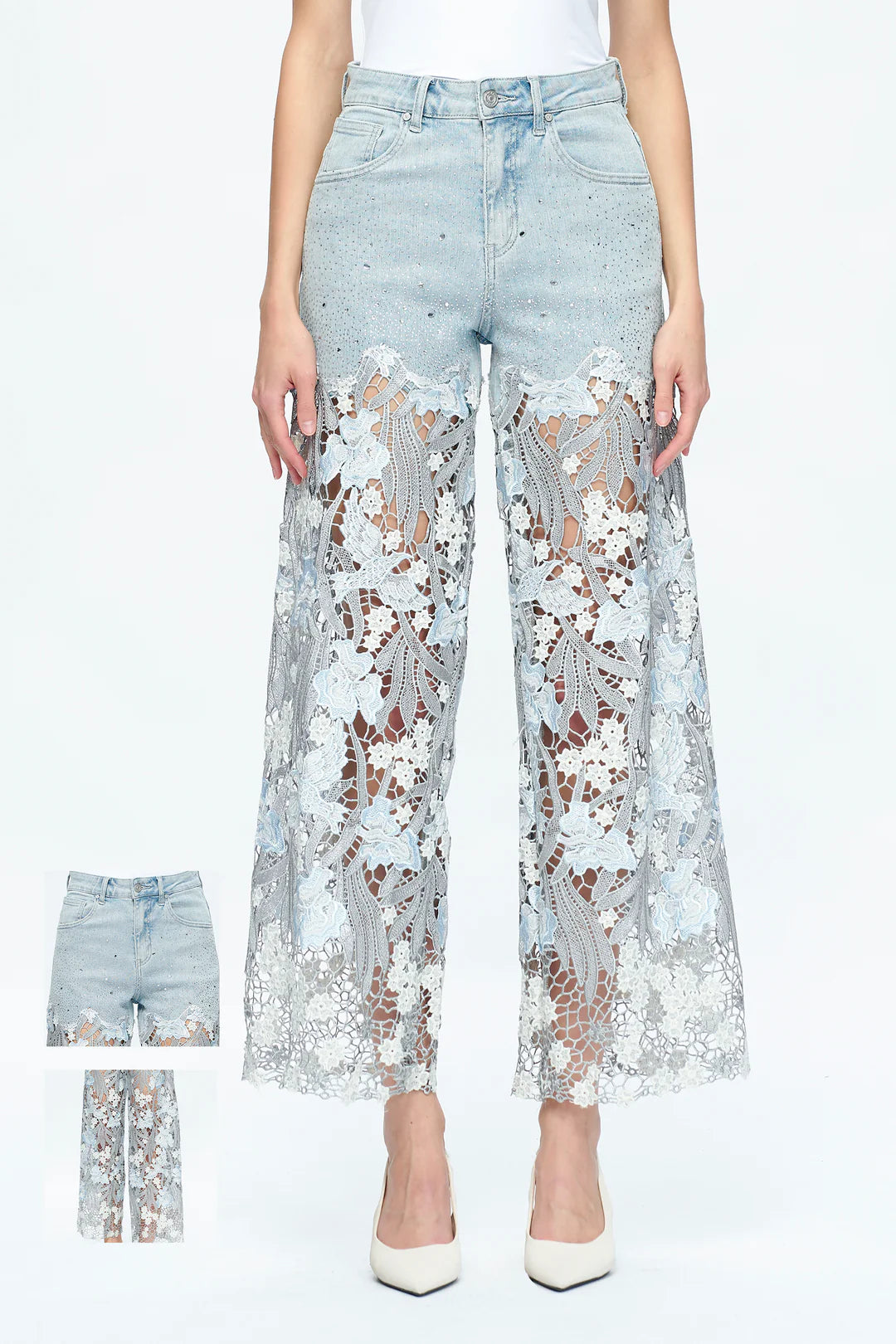 Bayeas Lesley Blue High Rise Lace Wide Leg Jeans with Rhinestones-Jeans-Bayeas-Deja Nu Boutique, Women's Fashion Boutique in Lampasas, Texas
