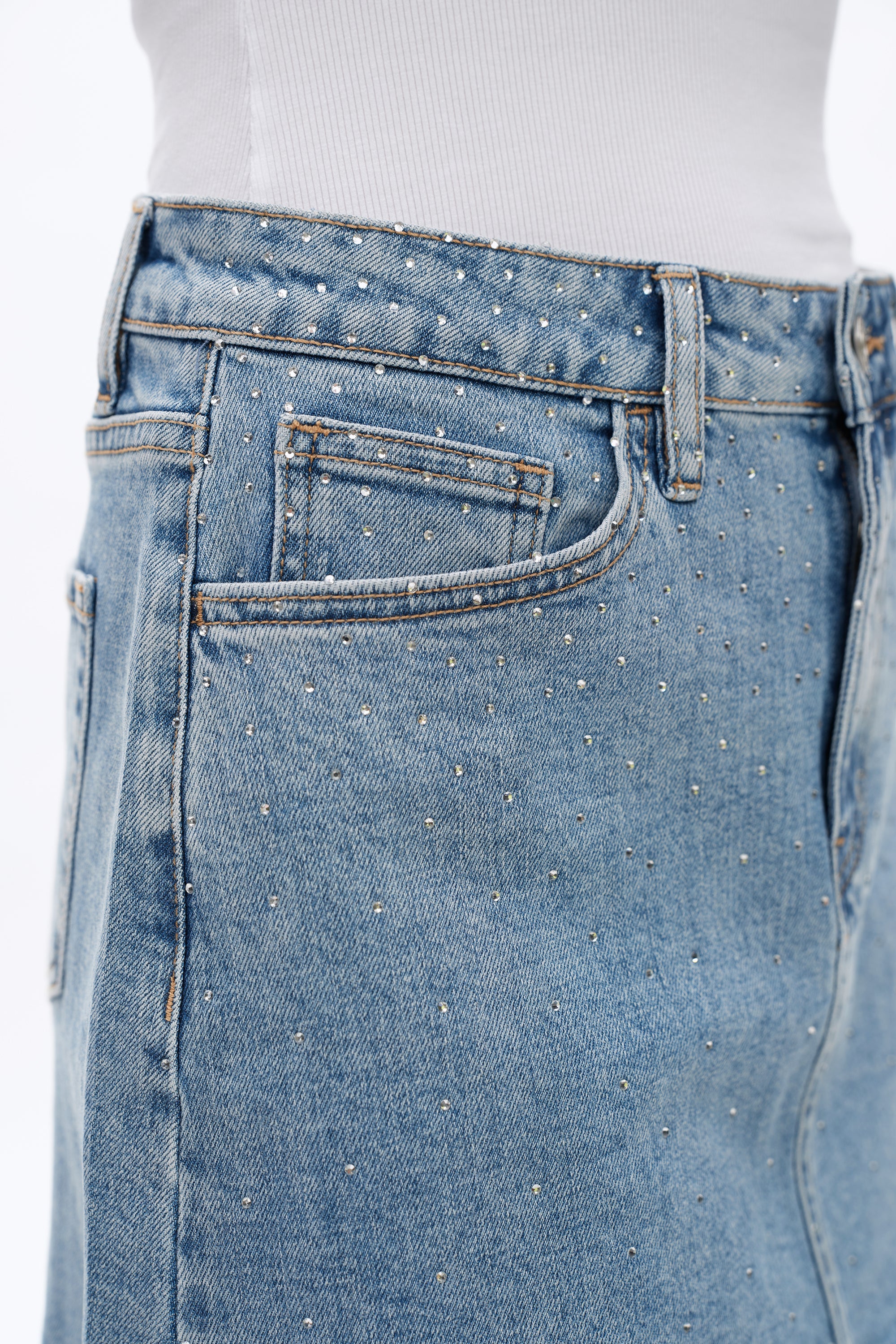 Bayeas Mid Rise Rhinestone Denim Mini Skirt In Blueberry-Skirts-Bayeas-Deja Nu Boutique, Women's Fashion Boutique in Lampasas, Texas