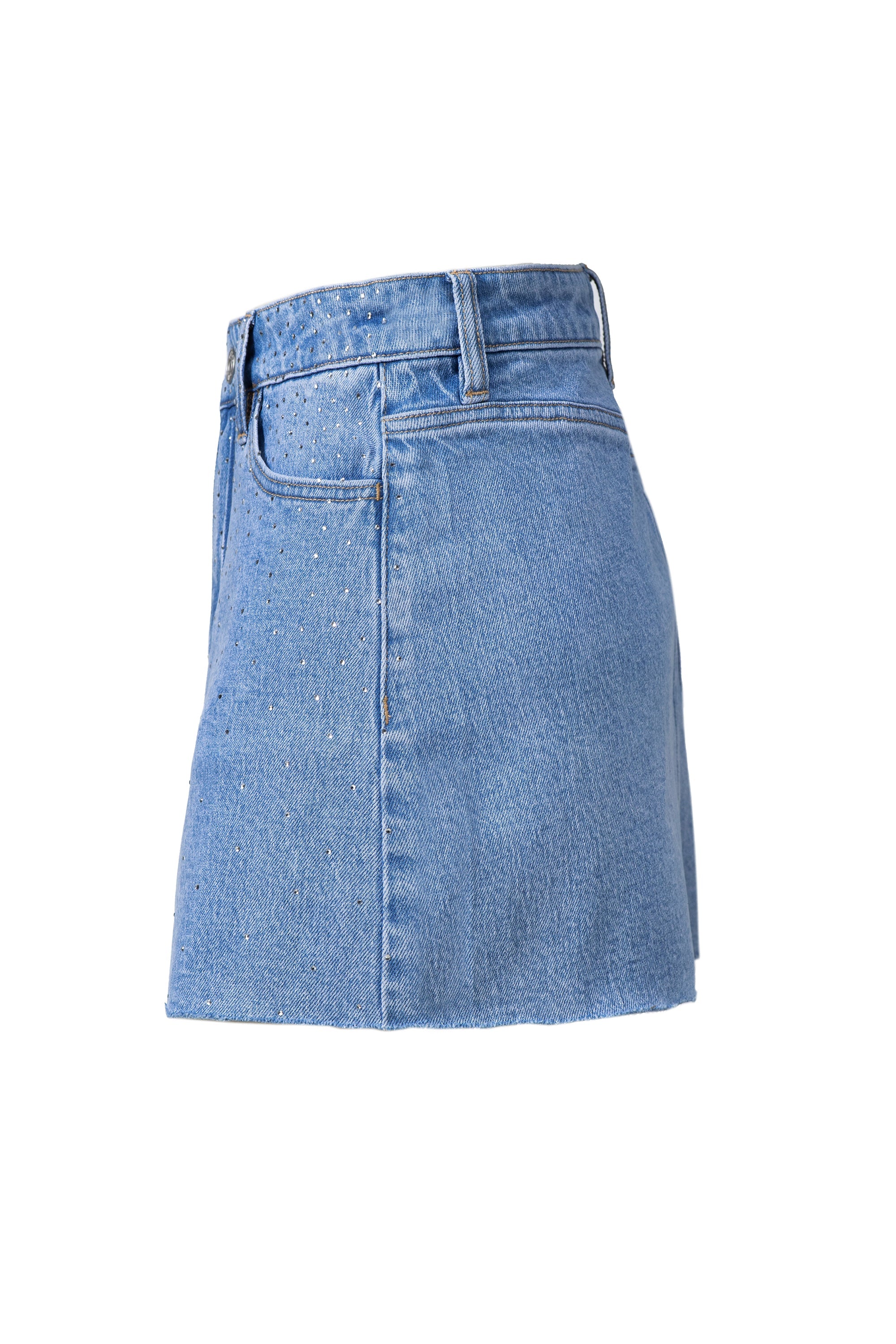 Bayeas Mid Rise Rhinestone Denim Mini Skirt In Blueberry-Skirts-Bayeas-Deja Nu Boutique, Women's Fashion Boutique in Lampasas, Texas