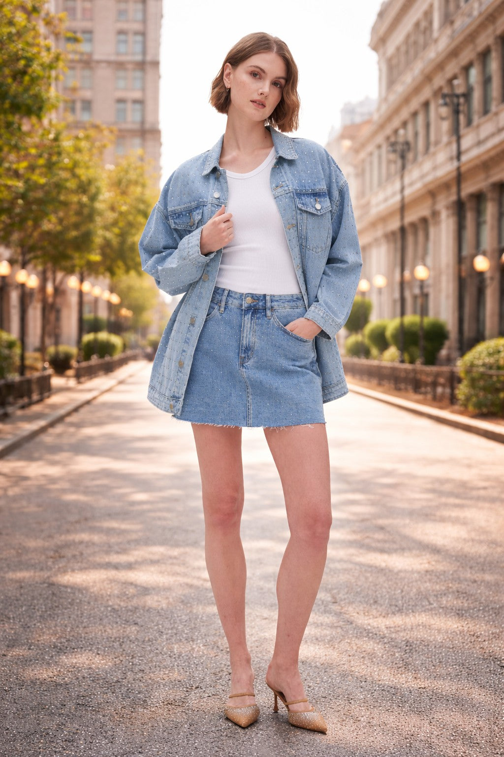 Bayeas Mid Rise Rhinestone Denim Mini Skirt In Blueberry-Skirts-Bayeas-Deja Nu Boutique, Women's Fashion Boutique in Lampasas, Texas