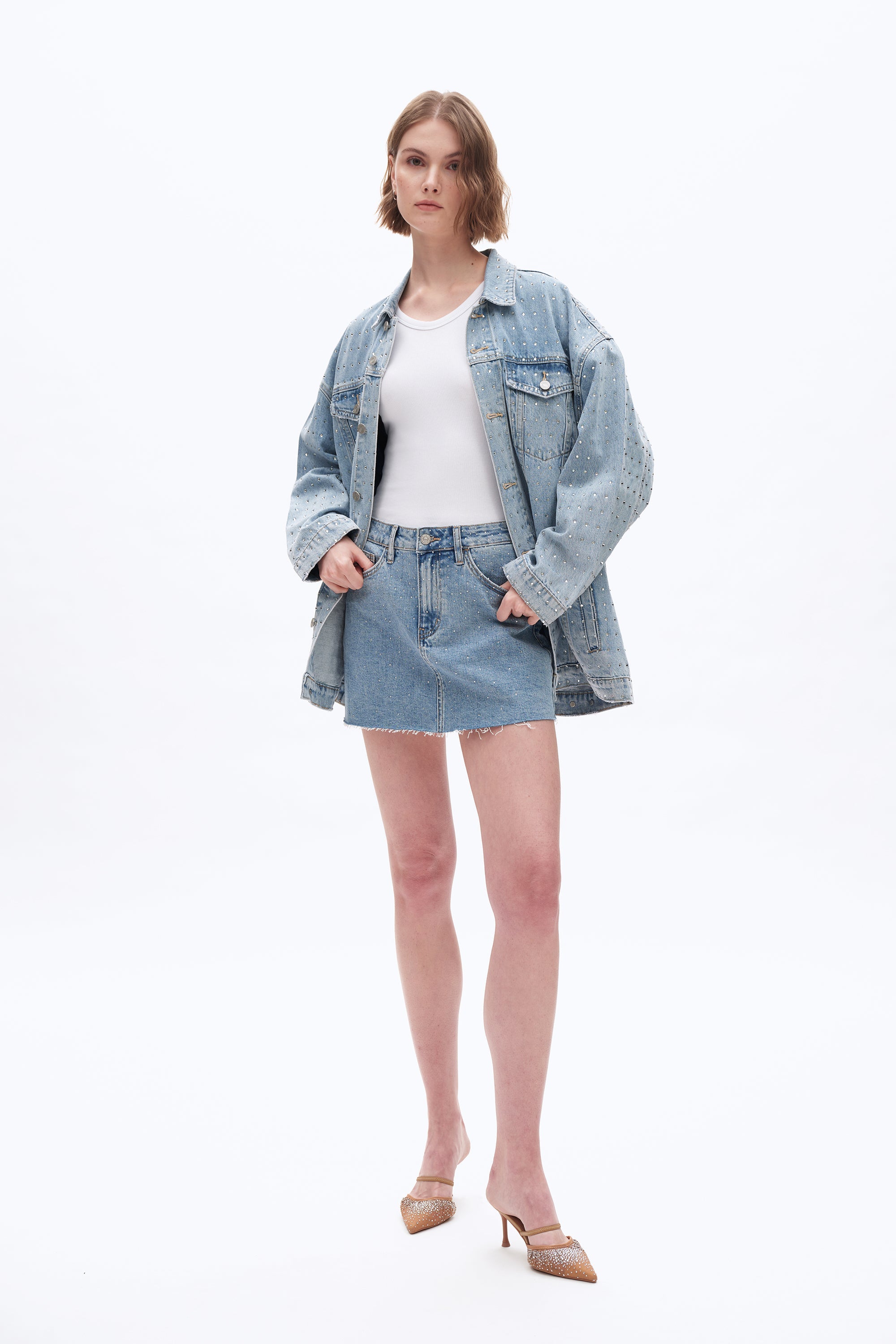 Bayeas Mid Rise Rhinestone Denim Mini Skirt In Blueberry-Skirts-Bayeas-Deja Nu Boutique, Women's Fashion Boutique in Lampasas, Texas