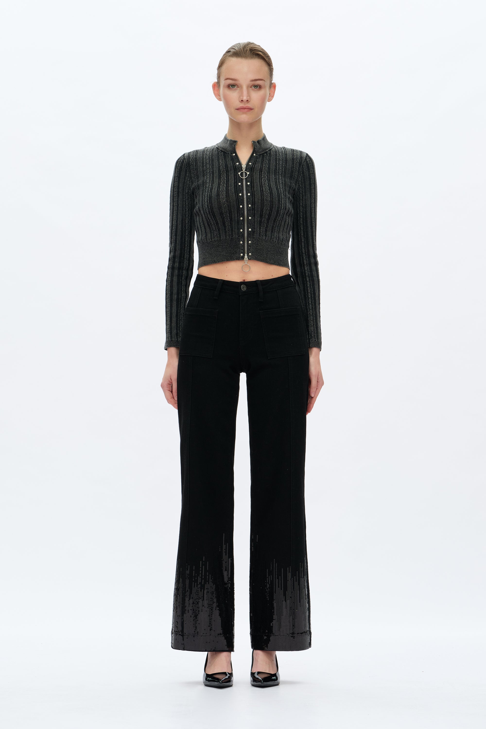 Bayeas Mid Rise Sequin Wide Leg Jean in Black-Jeans-Bayeas-Deja Nu Boutique, Women's Fashion Boutique in Lampasas, Texas