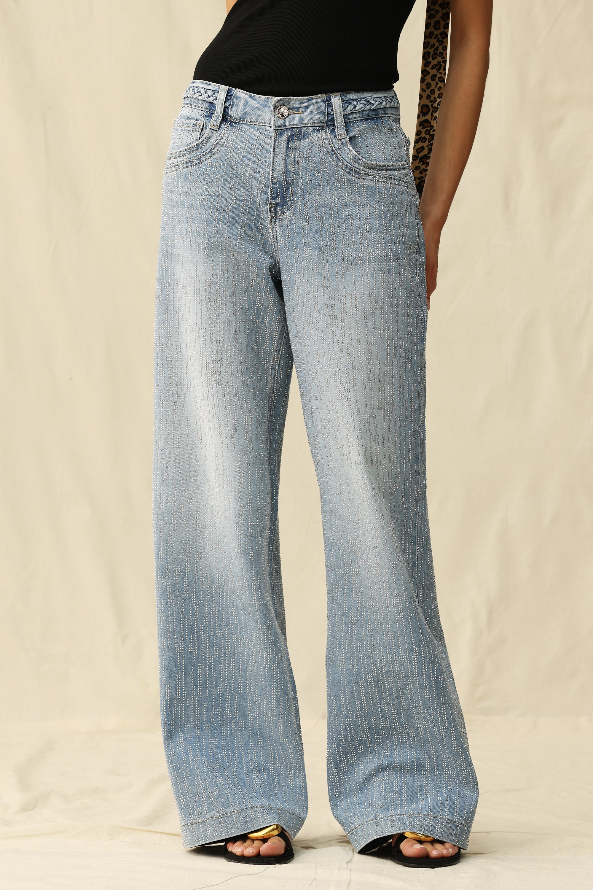 Bayeas Mid Rise Wide Leg Rhinestone Jeans-Jeans-Bayeas-Deja Nu Boutique, Women's Fashion Boutique in Lampasas, Texas