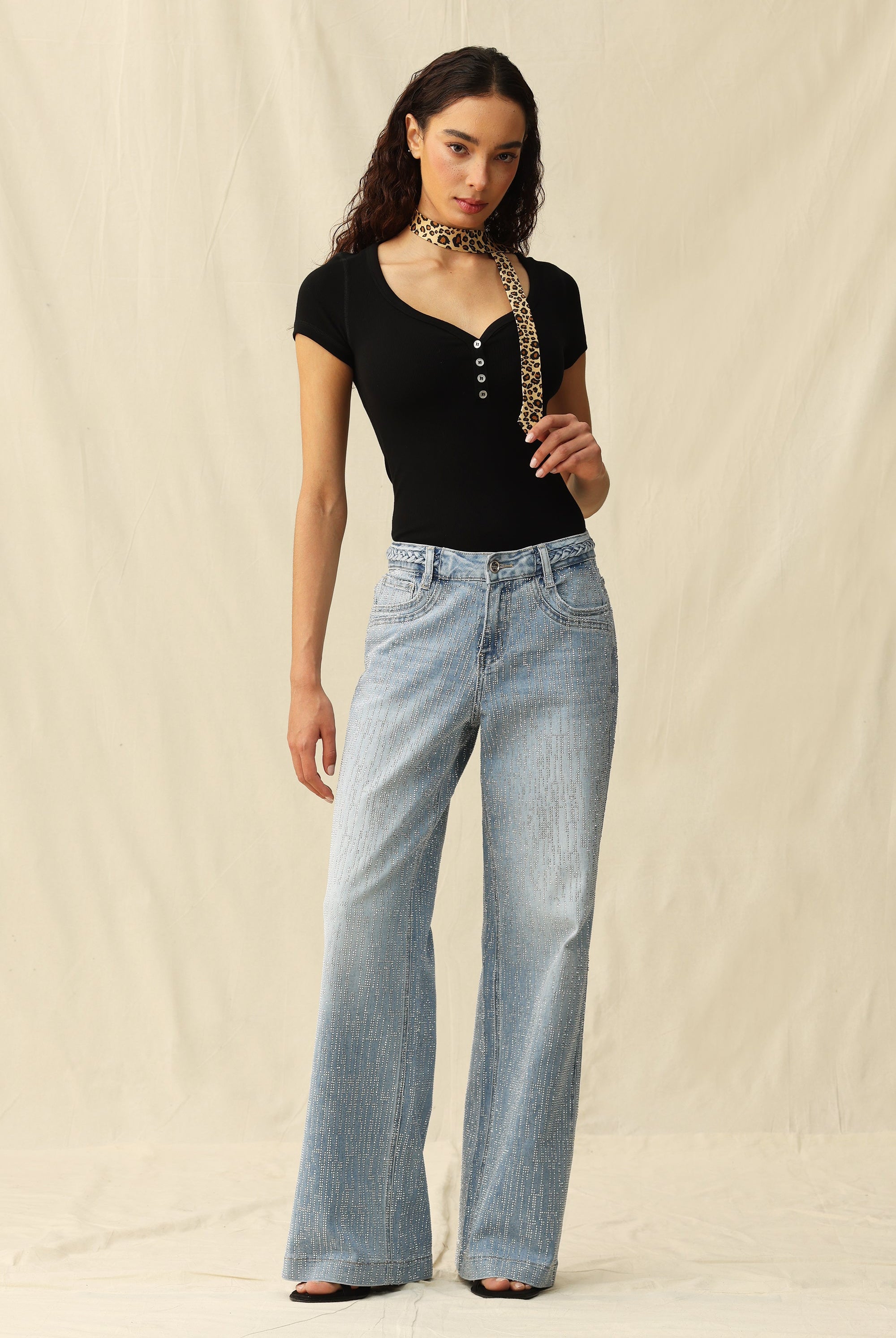 Bayeas Mid Rise Wide Leg Rhinestone Jeans-Jeans-Bayeas-Deja Nu Boutique, Women's Fashion Boutique in Lampasas, Texas