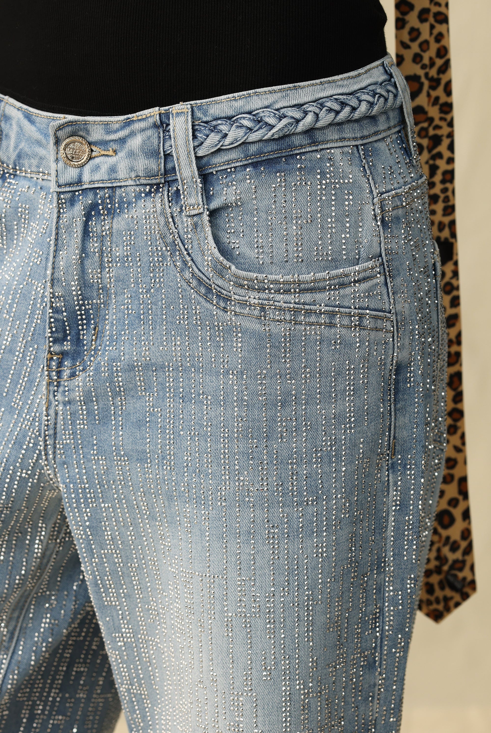 Bayeas Mid Rise Wide Leg Rhinestone Jeans-Jeans-Bayeas-Deja Nu Boutique, Women's Fashion Boutique in Lampasas, Texas