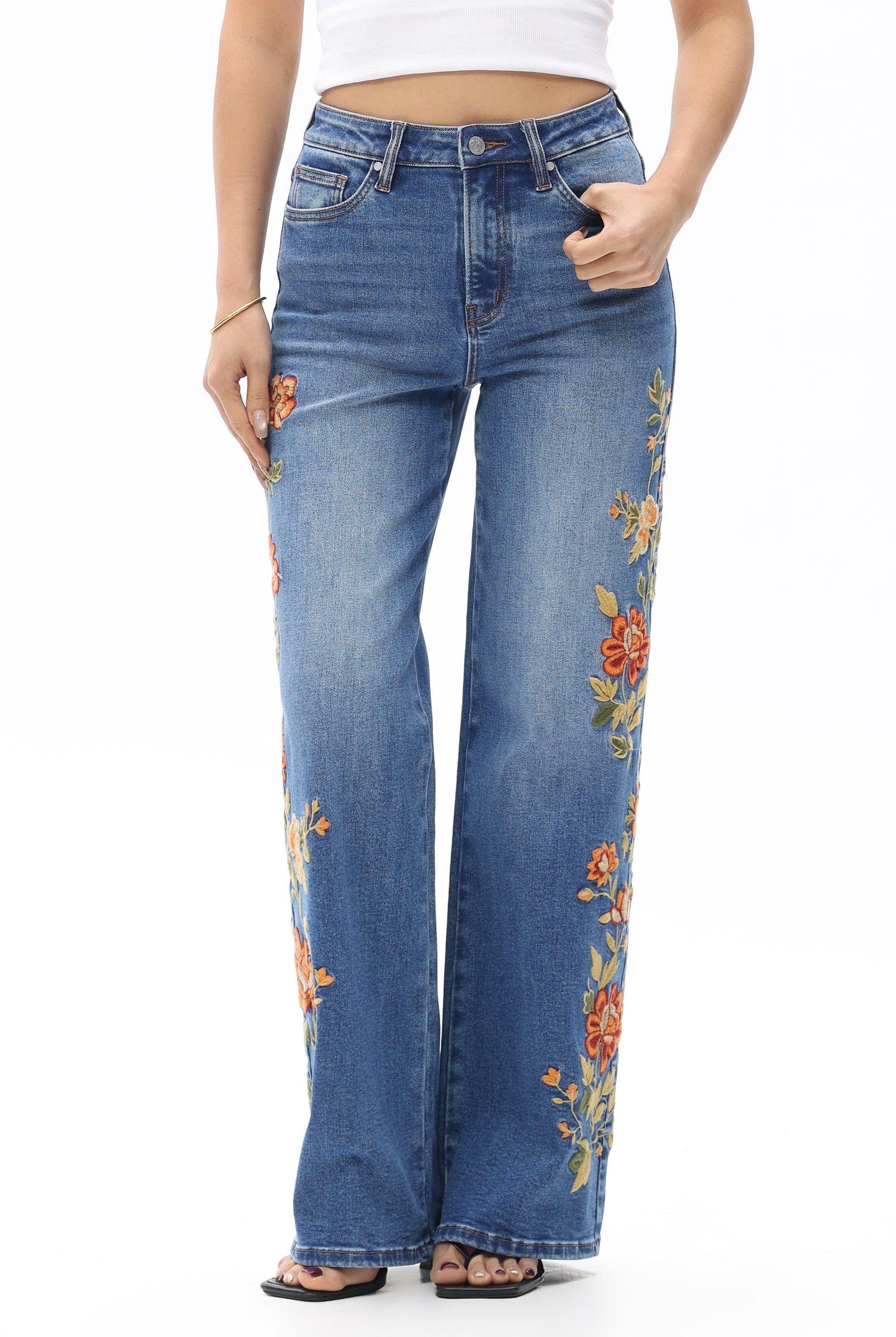 Bayeas New York Sunset Glow Embroidered Wide Leg Jeans-Jeans-Bayeas-Deja Nu Boutique, Women's Fashion Boutique in Lampasas, Texas