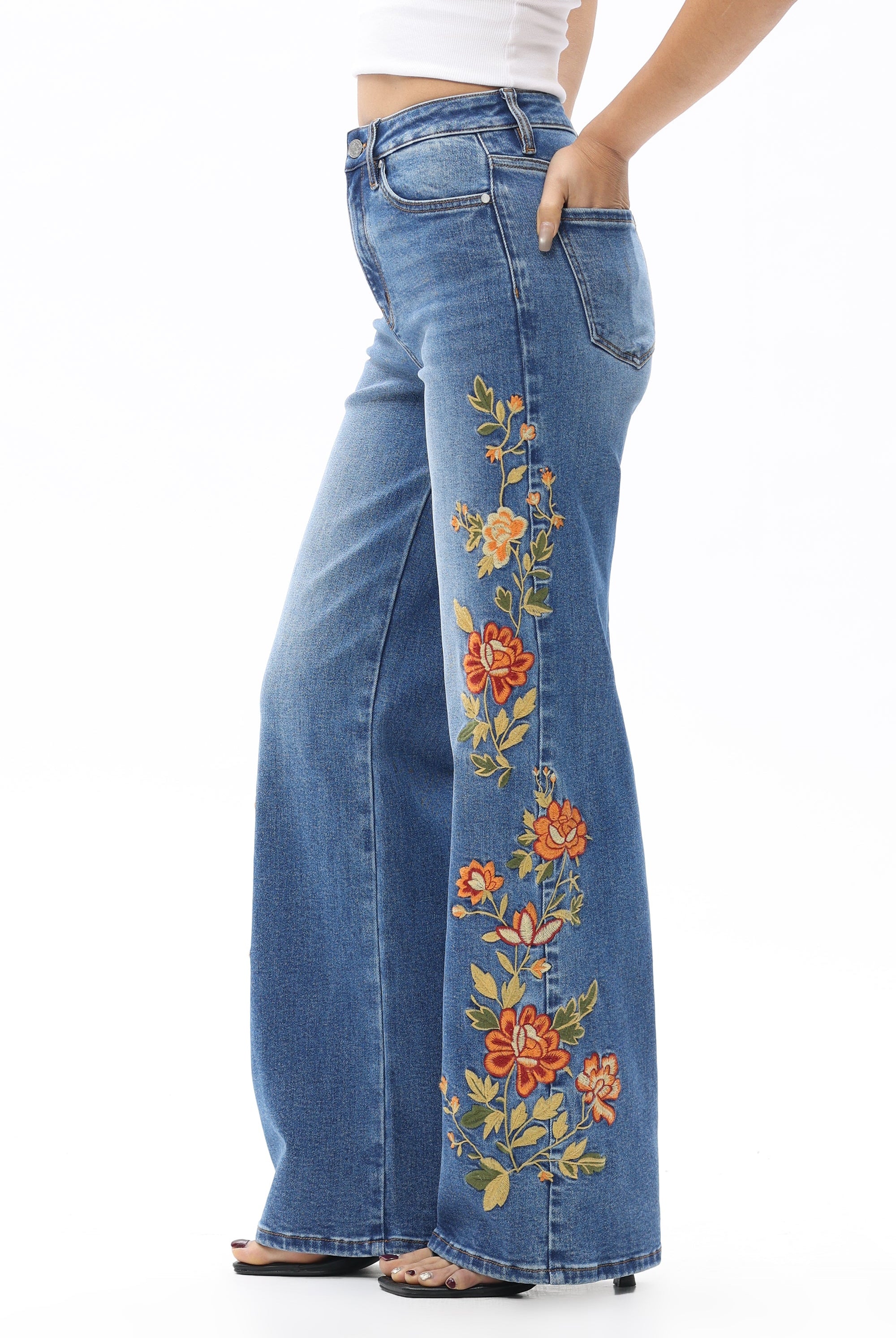 Bayeas New York Sunset Glow Embroidered Wide Leg Jeans-Jeans-Bayeas-Deja Nu Boutique, Women's Fashion Boutique in Lampasas, Texas