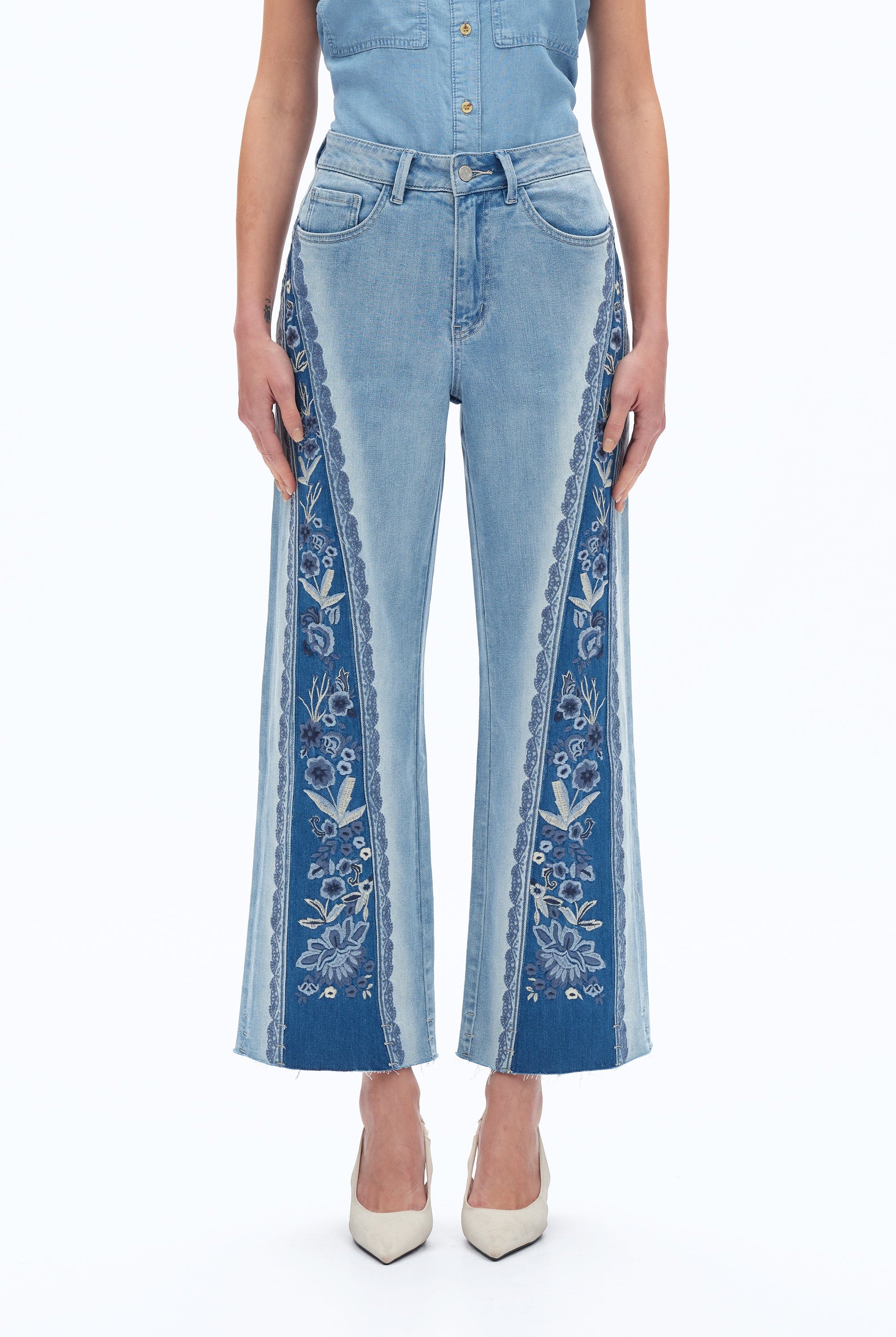 Bayeas Ultra High-Rise Embroidered Wide Leg Patchwork Jeans-Jeans-Bayeas-Deja Nu Boutique, Women's Fashion Boutique in Lampasas, Texas