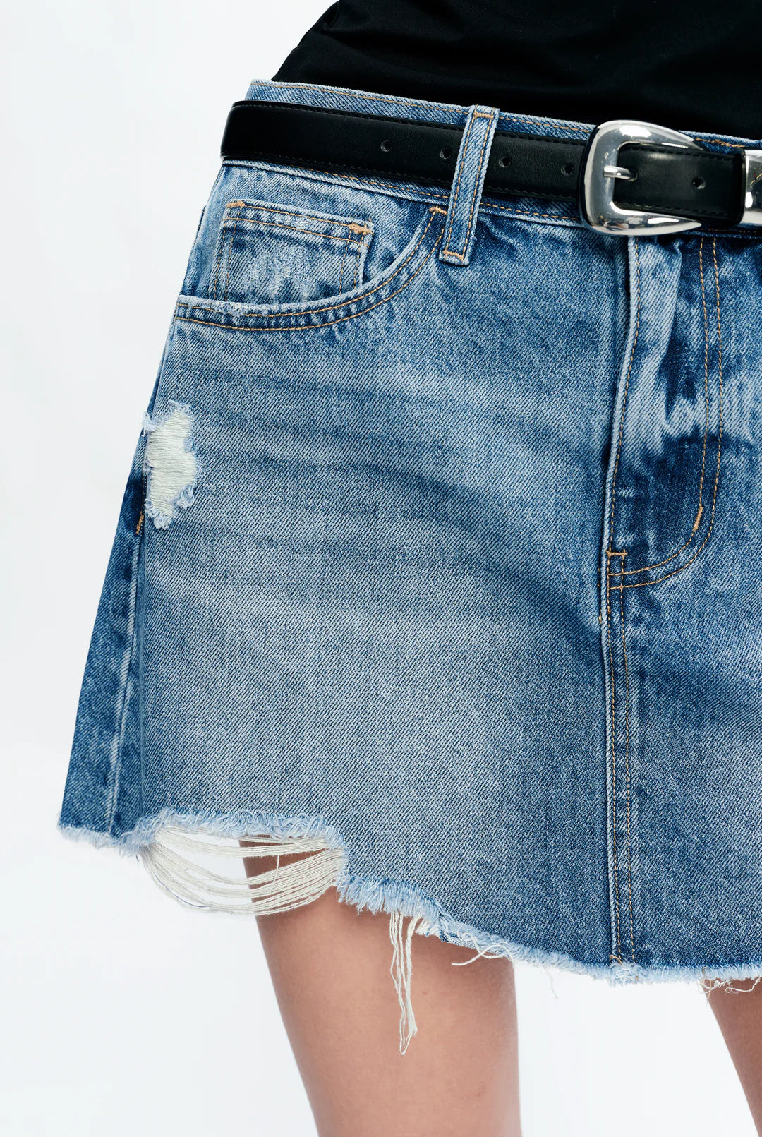 Bayeas Anna Distressed Mini Denim Skirt – Medium Blue-Skirts-Bayeas-Deja Nu Boutique, Women's Fashion Boutique in Lampasas, Texas