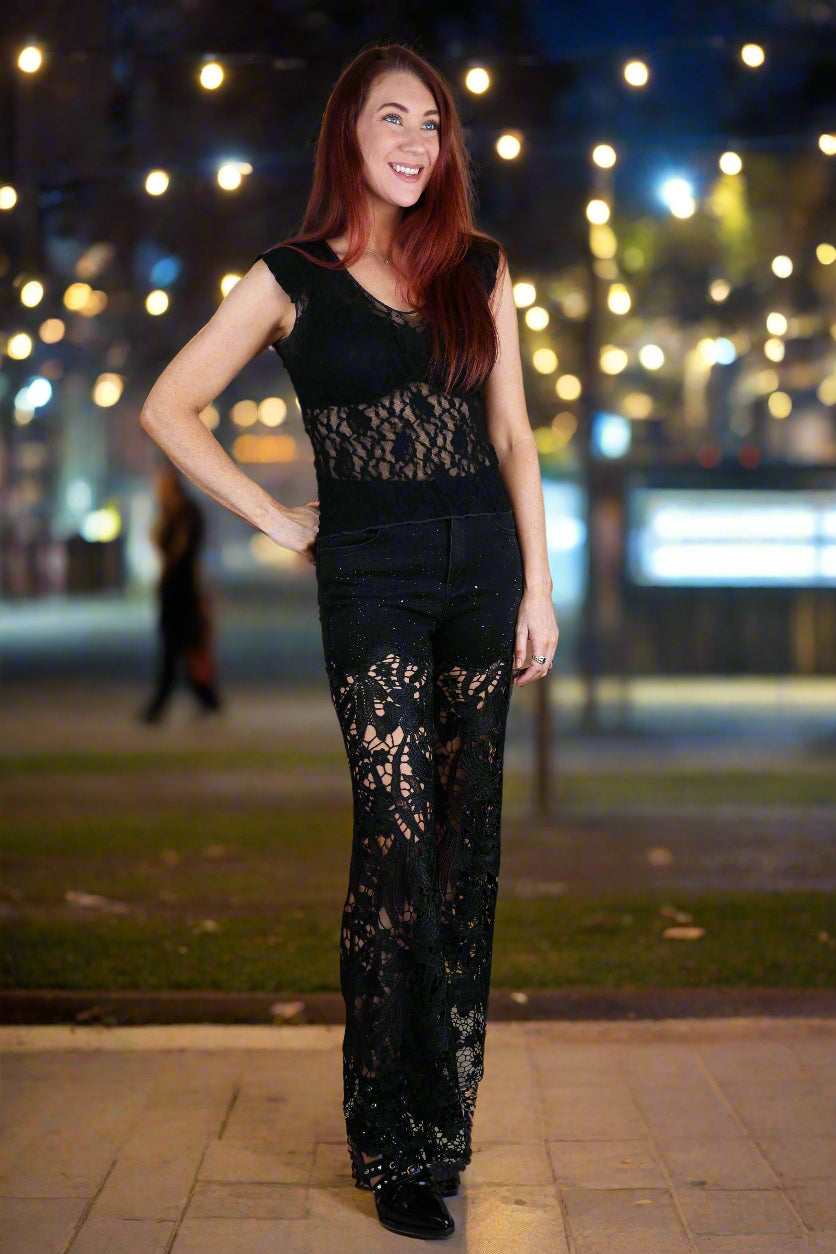 Bayeas Lesley Black High Rise Lace Wide Leg Jeans with Rhinestones-Jeans-Bayeas-Deja Nu Boutique, Women's Fashion Boutique in Lampasas, Texas