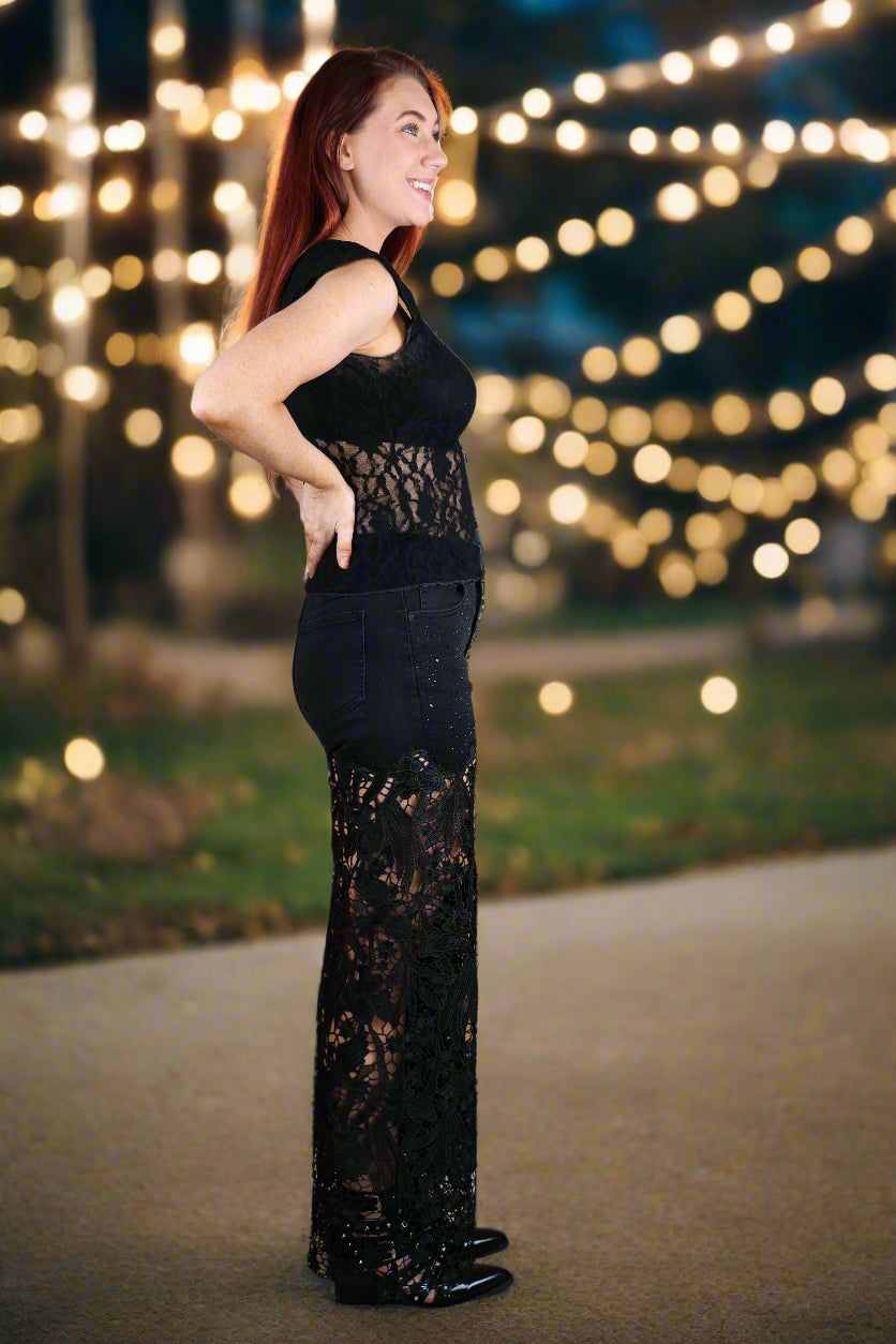 Bayeas Lesley Black High Rise Lace Wide Leg Jeans with Rhinestones-Jeans-Bayeas-Deja Nu Boutique, Women's Fashion Boutique in Lampasas, Texas