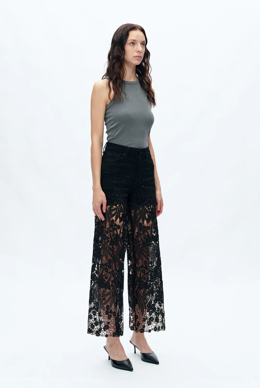 Bayeas Lesley Black High Rise Lace Wide Leg Jeans with Rhinestones-Jeans-Bayeas-Deja Nu Boutique, Women's Fashion Boutique in Lampasas, Texas