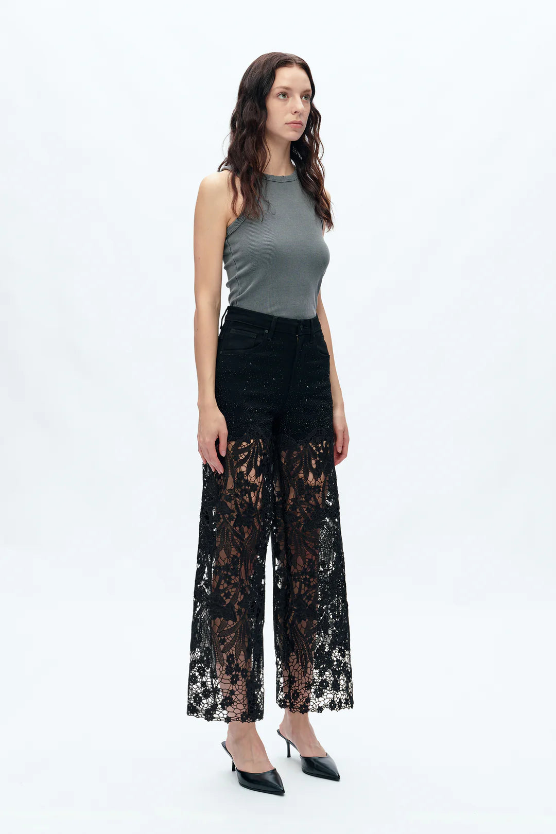 Bayeas Lesley Black High Rise Lace Wide Leg Jeans with Rhinestones-Jeans-Bayeas-Deja Nu Boutique, Women's Fashion Boutique in Lampasas, Texas