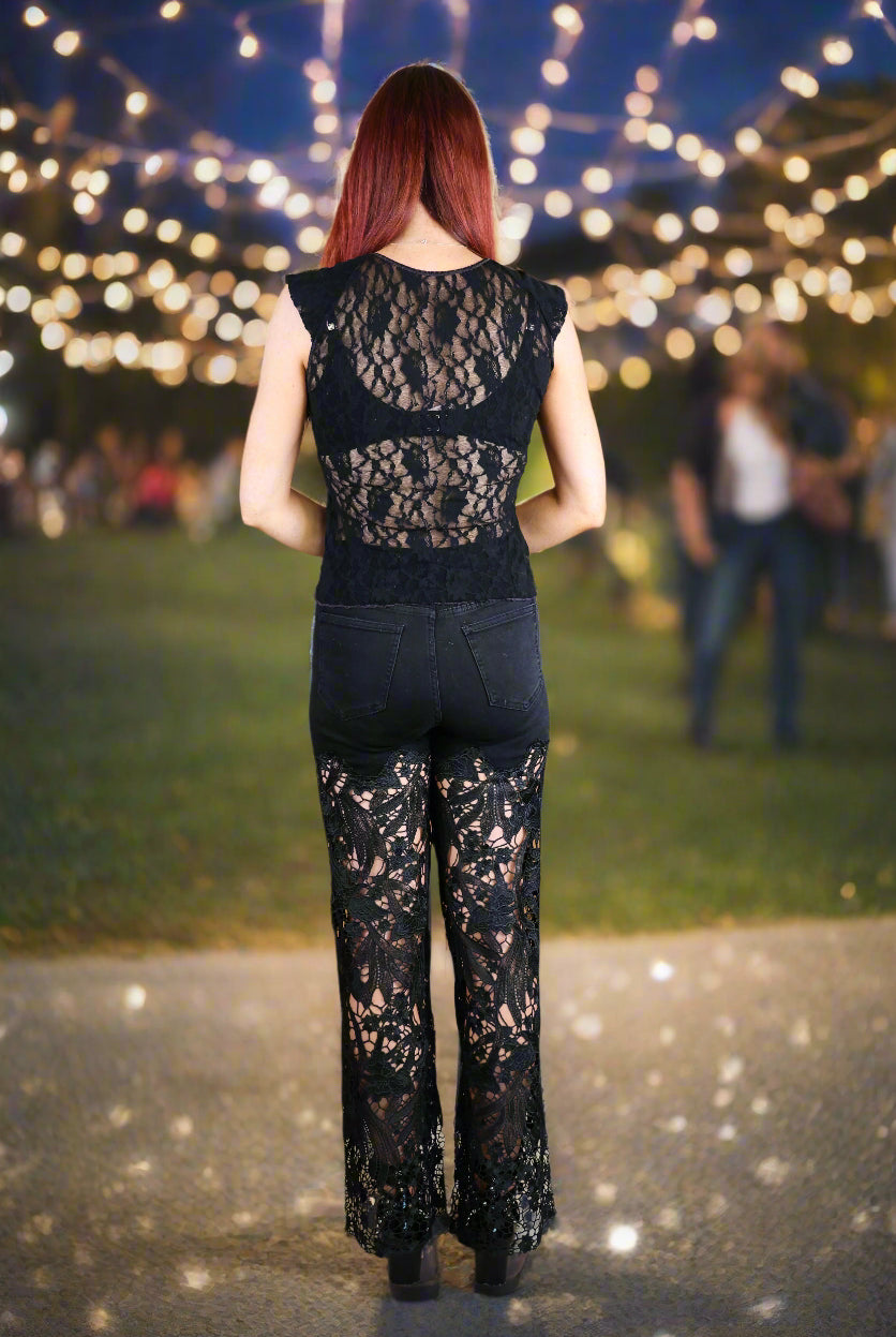 Bayeas Lesley Black High Rise Lace Wide Leg Jeans with Rhinestones-Jeans-Bayeas-Deja Nu Boutique, Women's Fashion Boutique in Lampasas, Texas