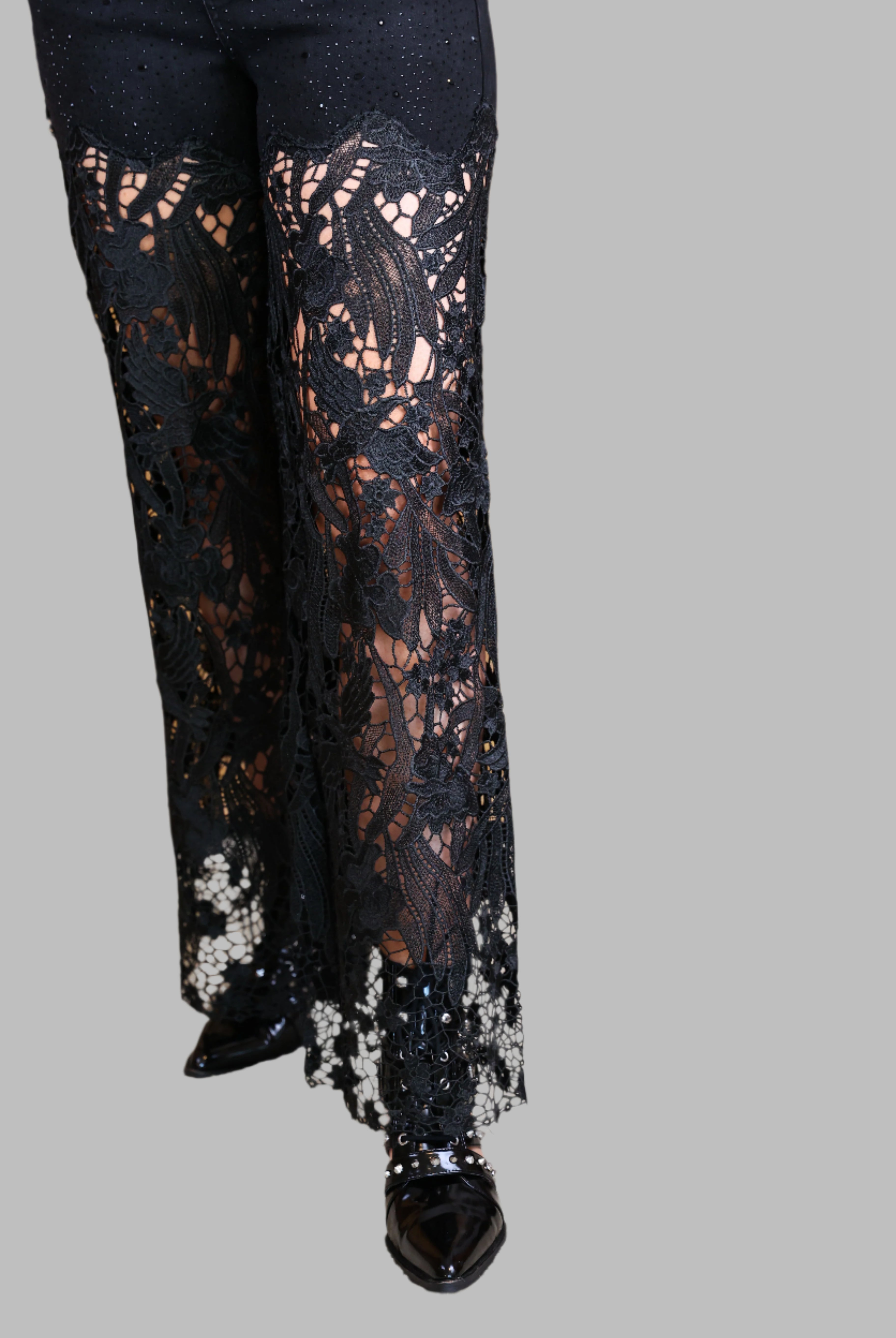 Bayeas Lesley Black High Rise Lace Wide Leg Jeans with Rhinestones-Jeans-Bayeas-Deja Nu Boutique, Women's Fashion Boutique in Lampasas, Texas