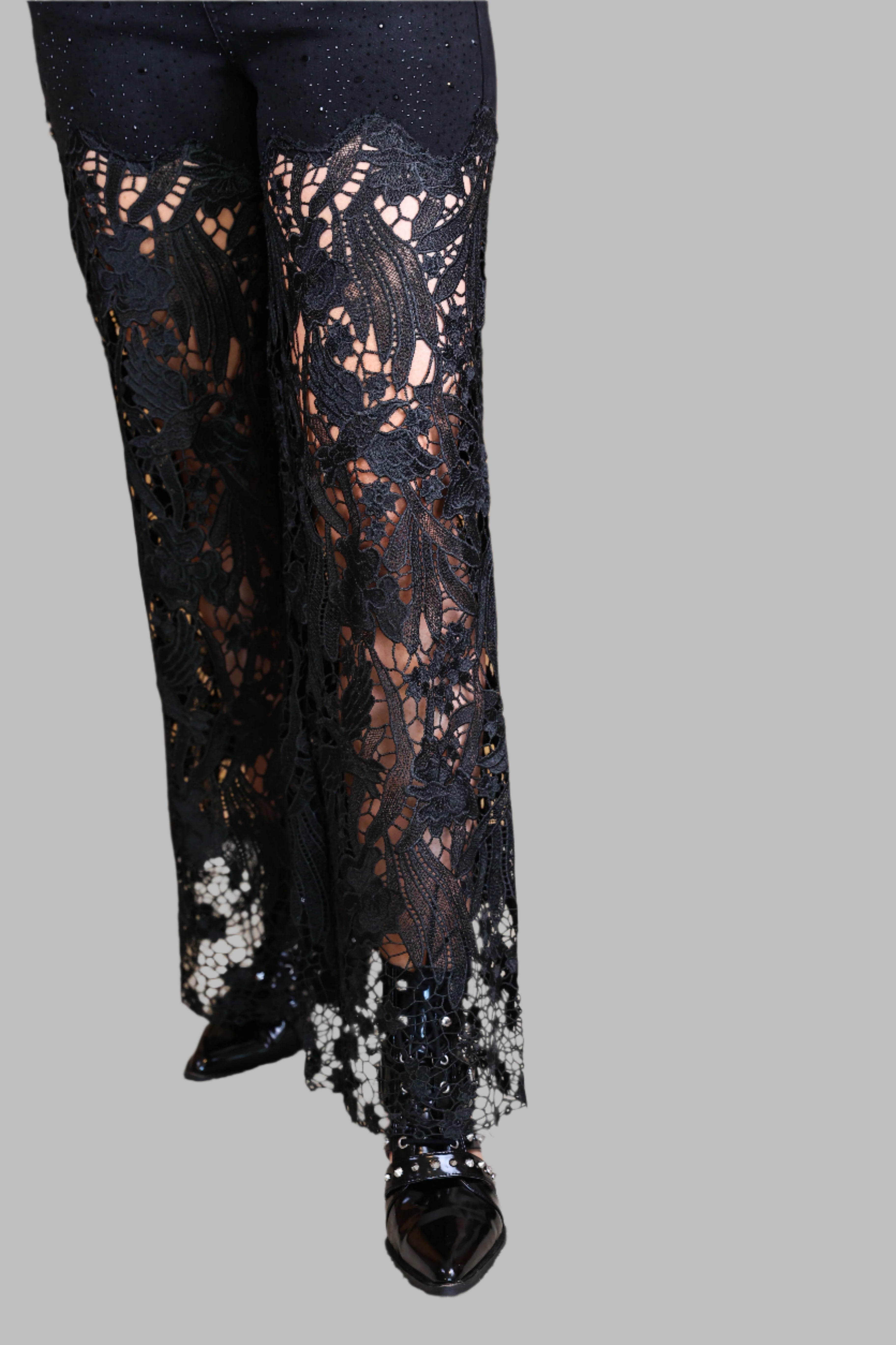 Bayeas Lesley Black High Rise Lace Wide Leg Jeans with Rhinestones-Jeans-Bayeas-Deja Nu Boutique, Women's Fashion Boutique in Lampasas, Texas